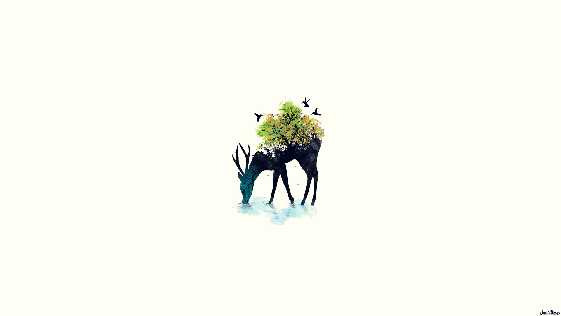 Deer with tree and birds artwork HD Wallpaper