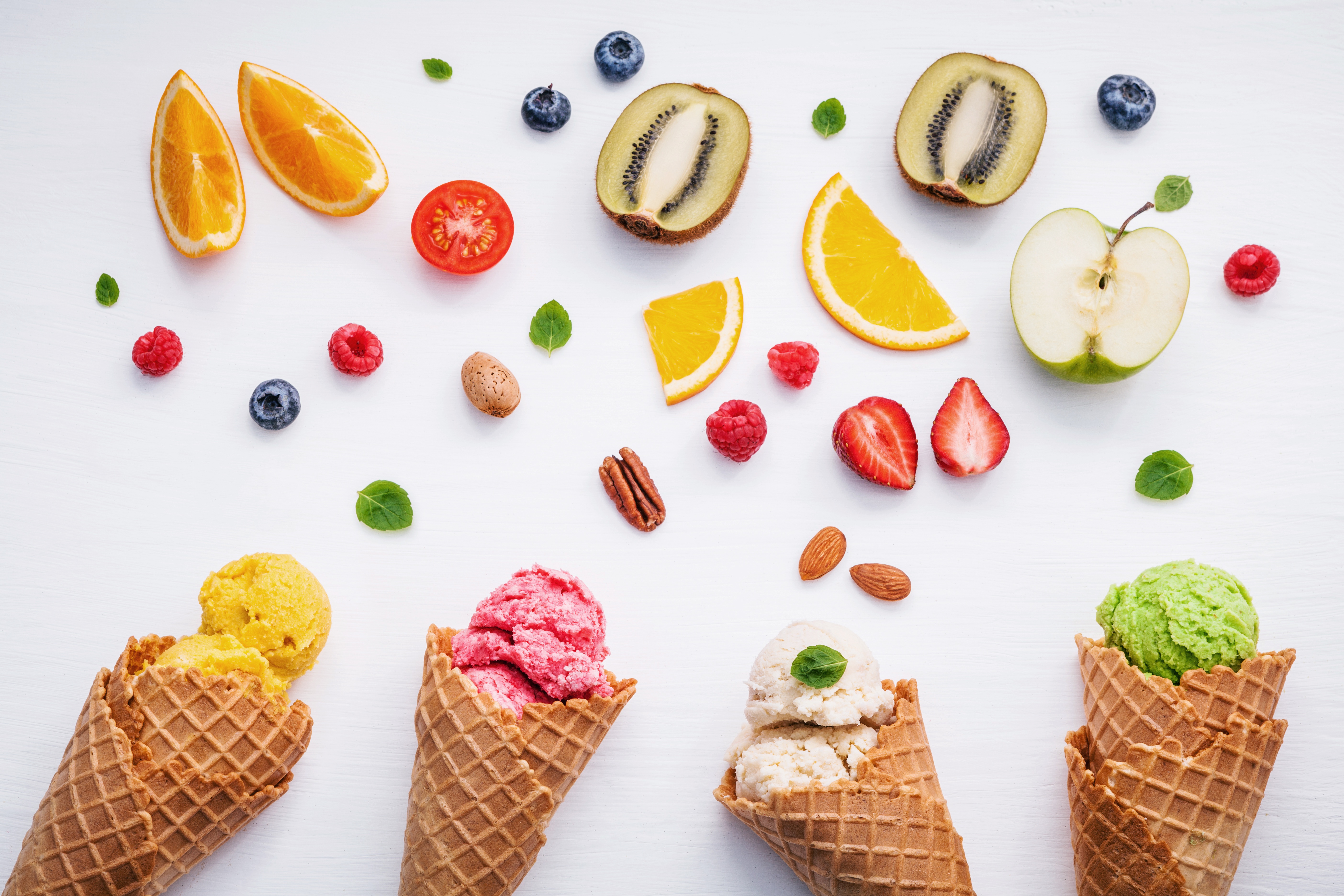 Still life of fruit and ice cream cones HD Wallpaper