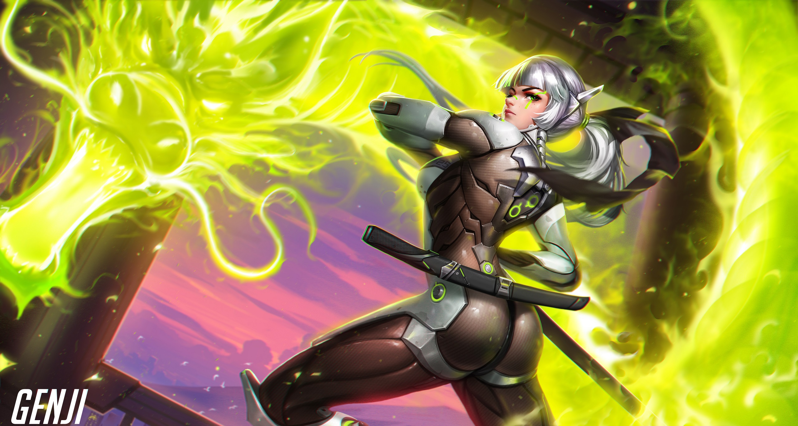 Genji from Overwatch with a green dragon HD Wallpaper