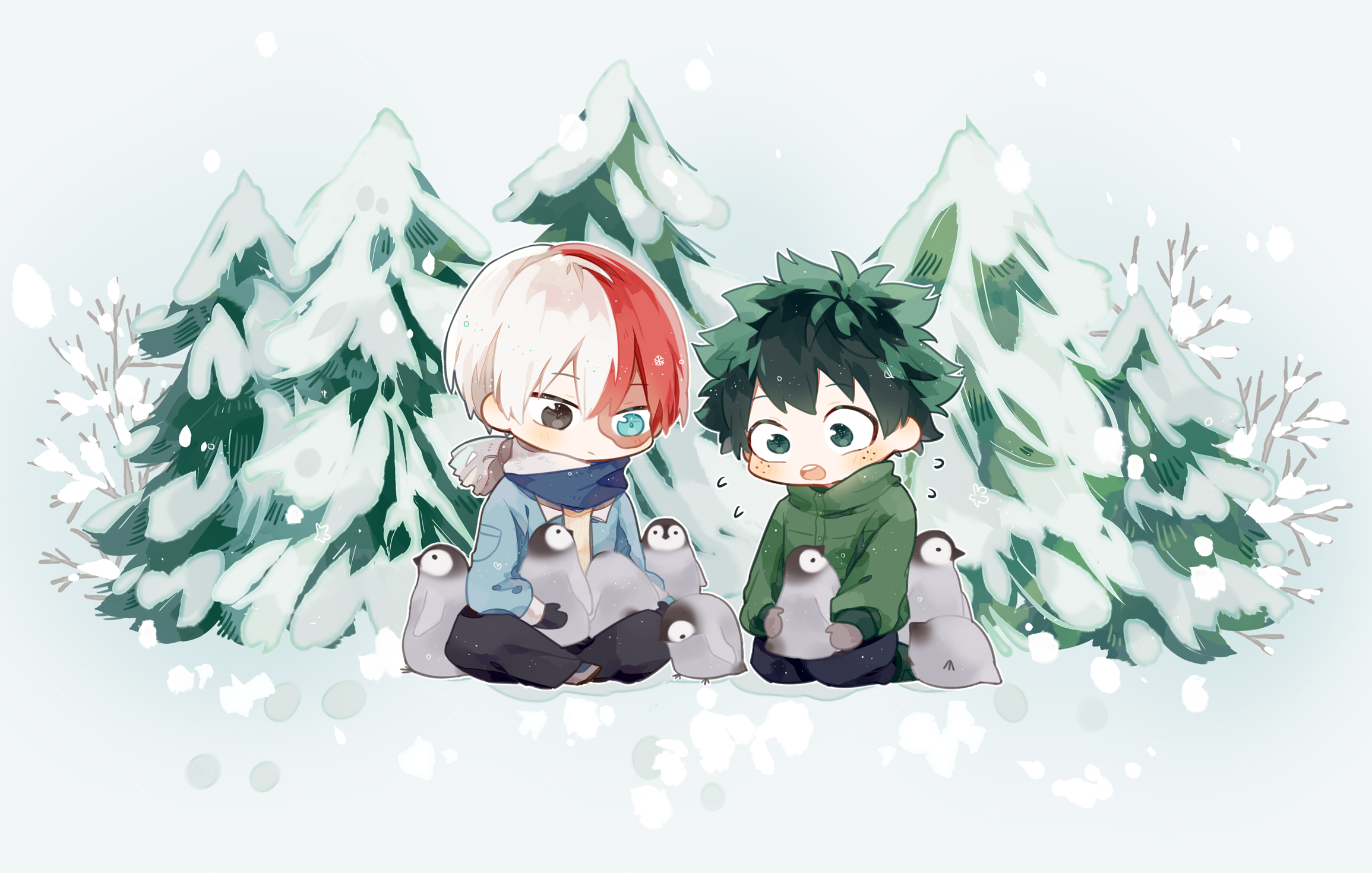 Shouto Todoroki and Izuku Midoriya with penguins HD Wallpaper
