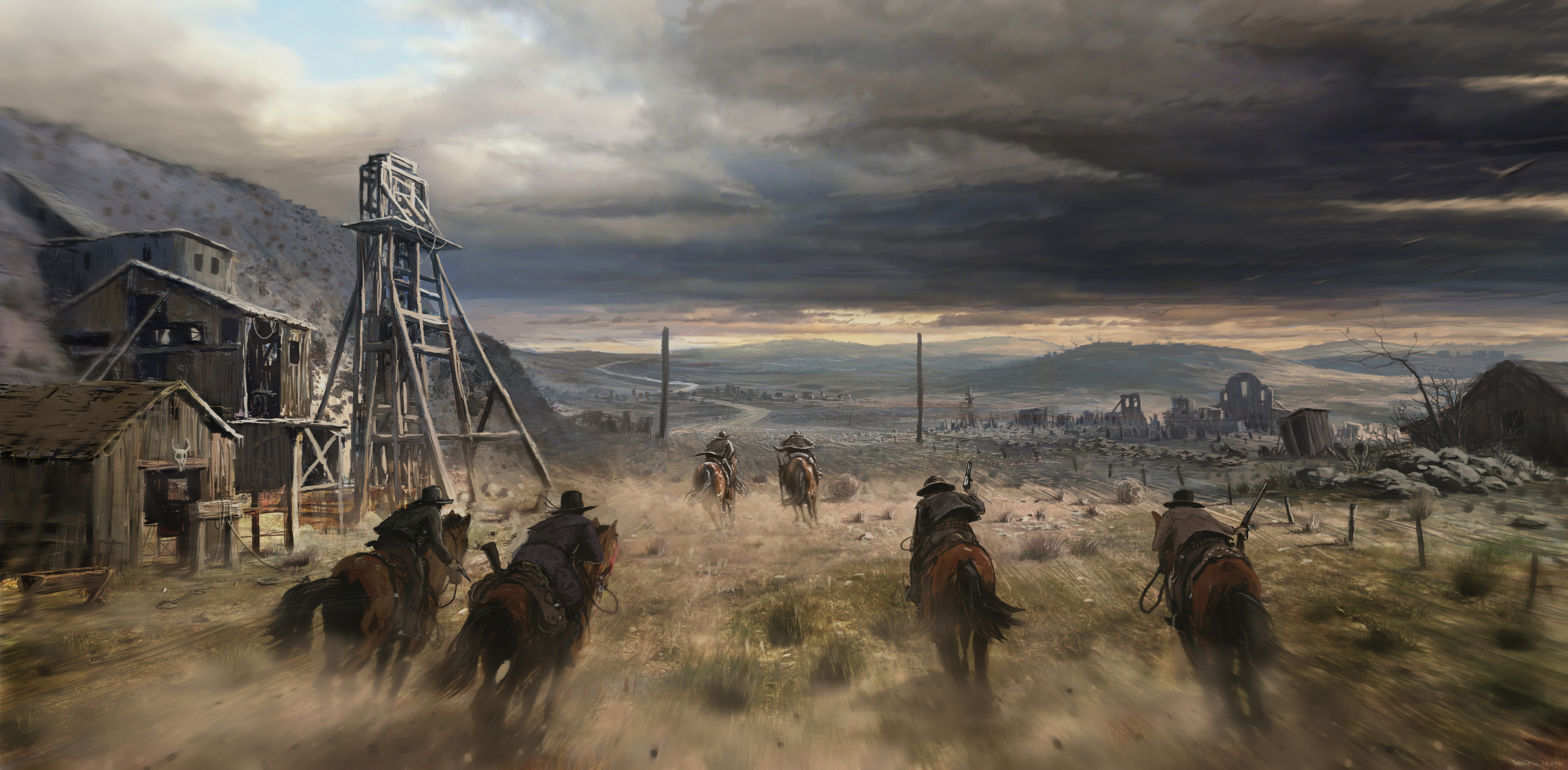 Cowboys on horseback near a mine and ruined town HD Wallpaper