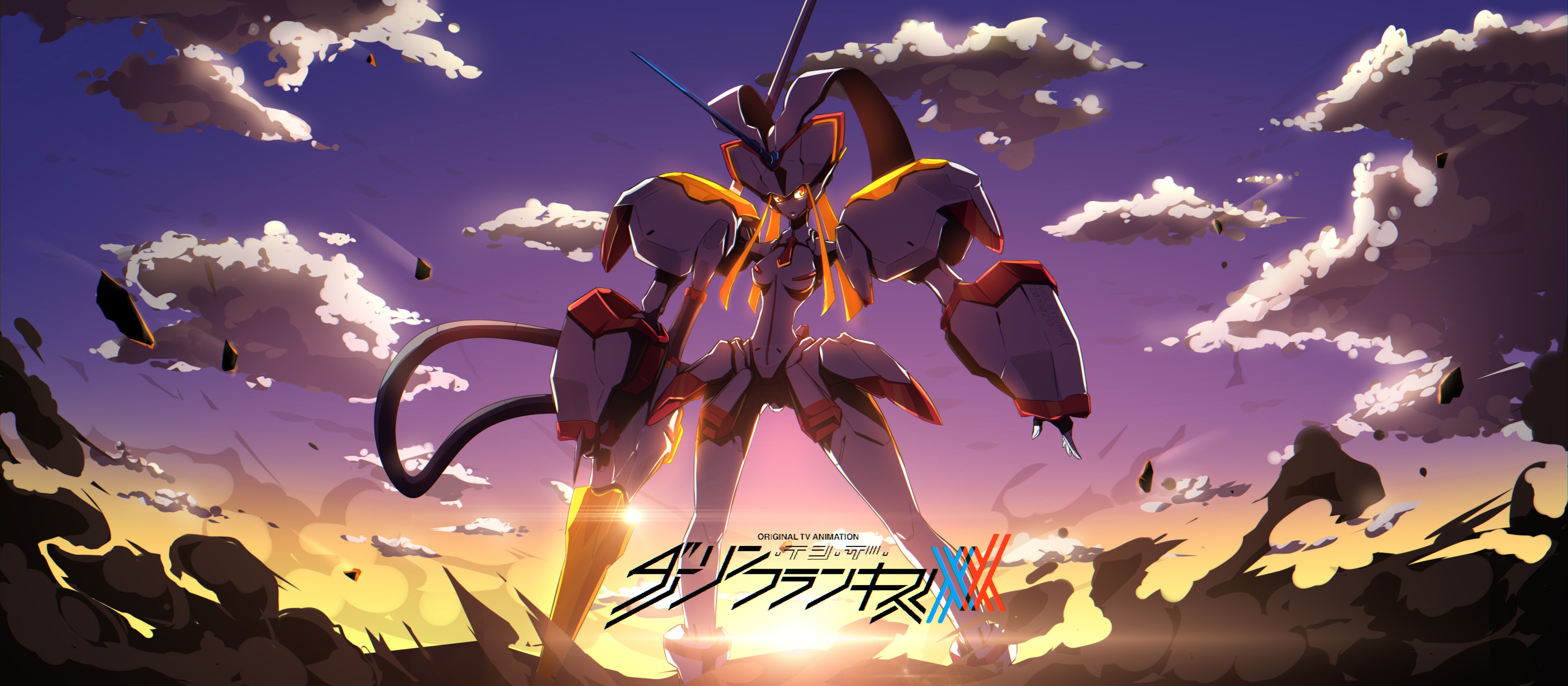 Strelizia Mecha Standing at Fiery Sunset Glow HD Wallpaper