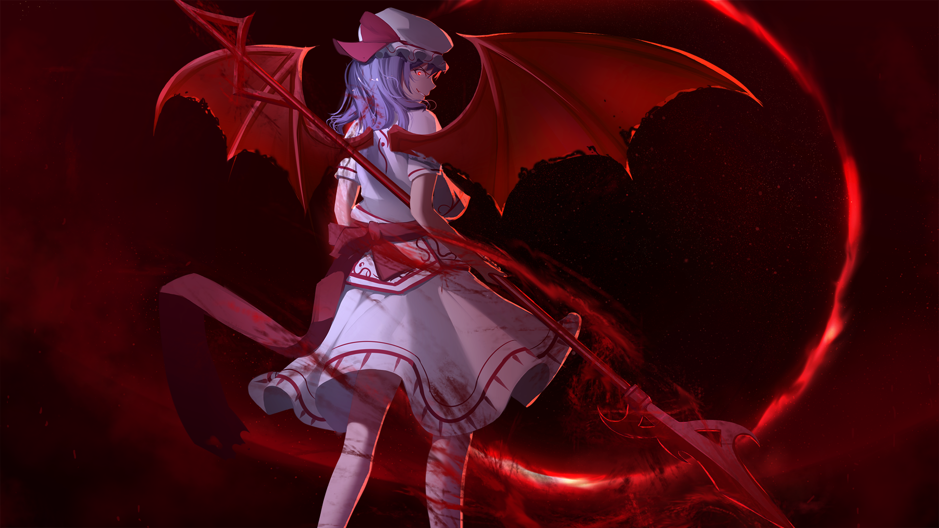 Remilia Scarlet with bat wings and spear HD Wallpaper