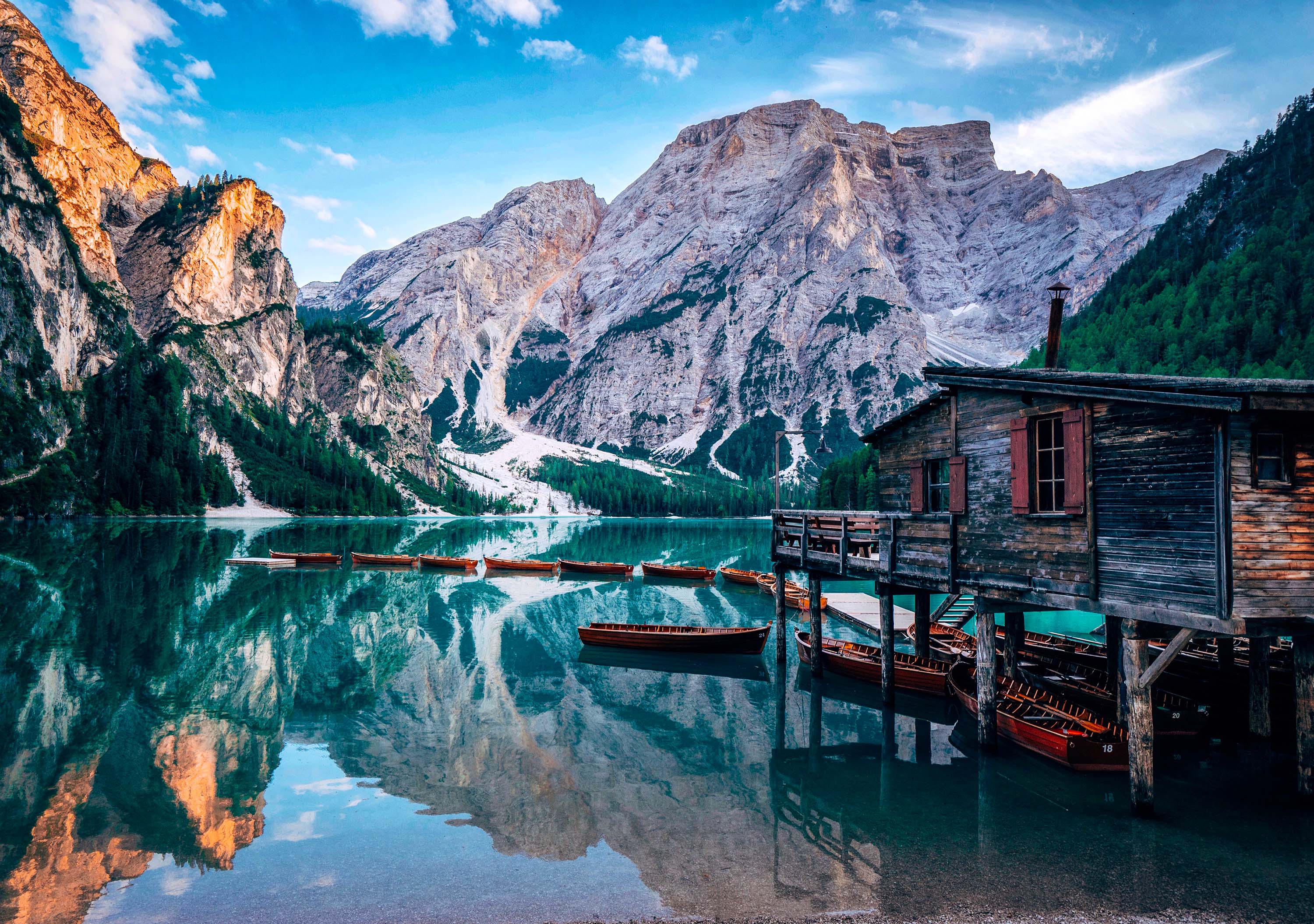 Pragser Wildsee Lake with Mountains and Boathouse in Italy HD Wallpaper