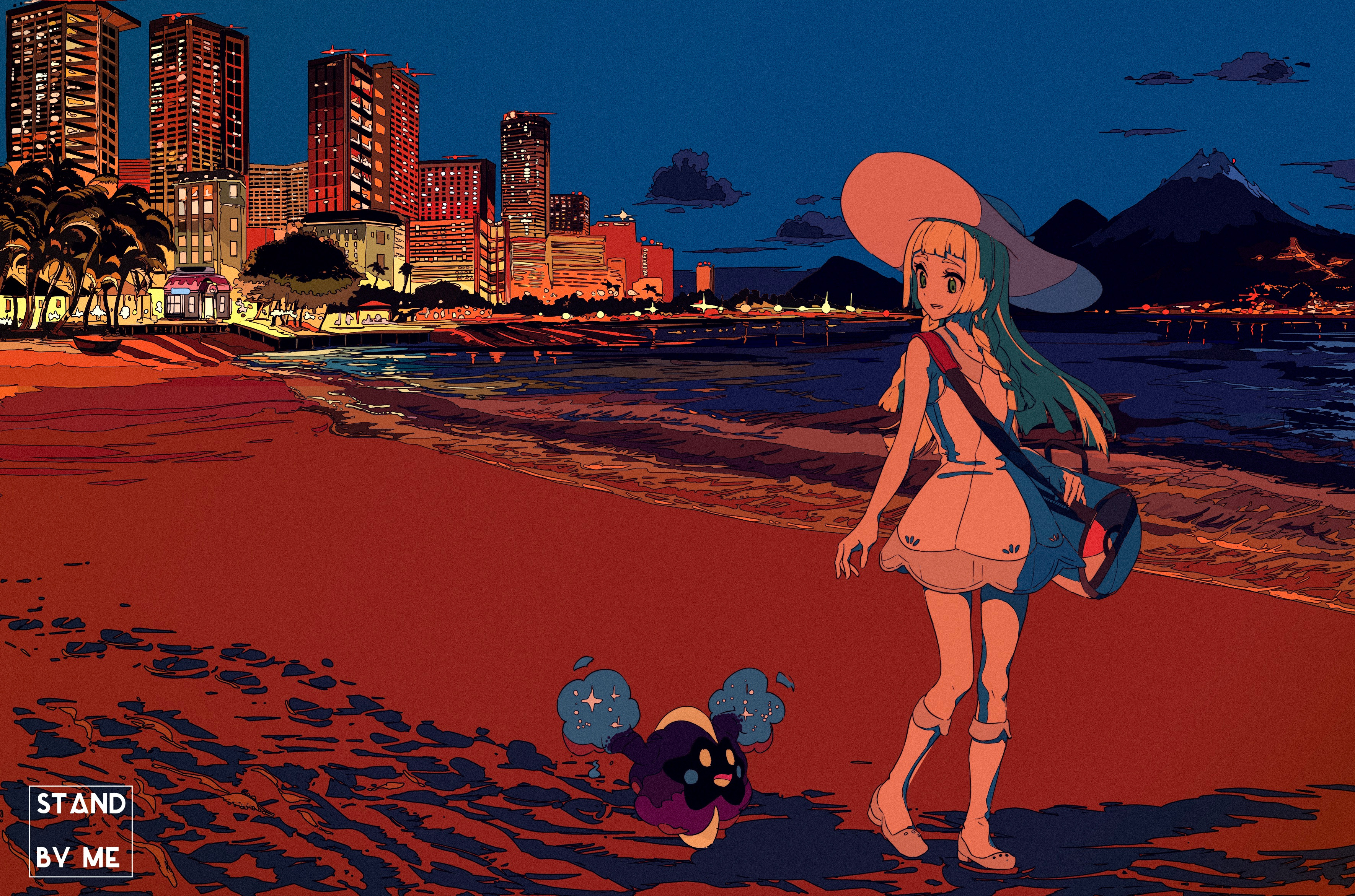 Lillie and Cosmog from Pokemon on a beach at dusk HD Wallpaper