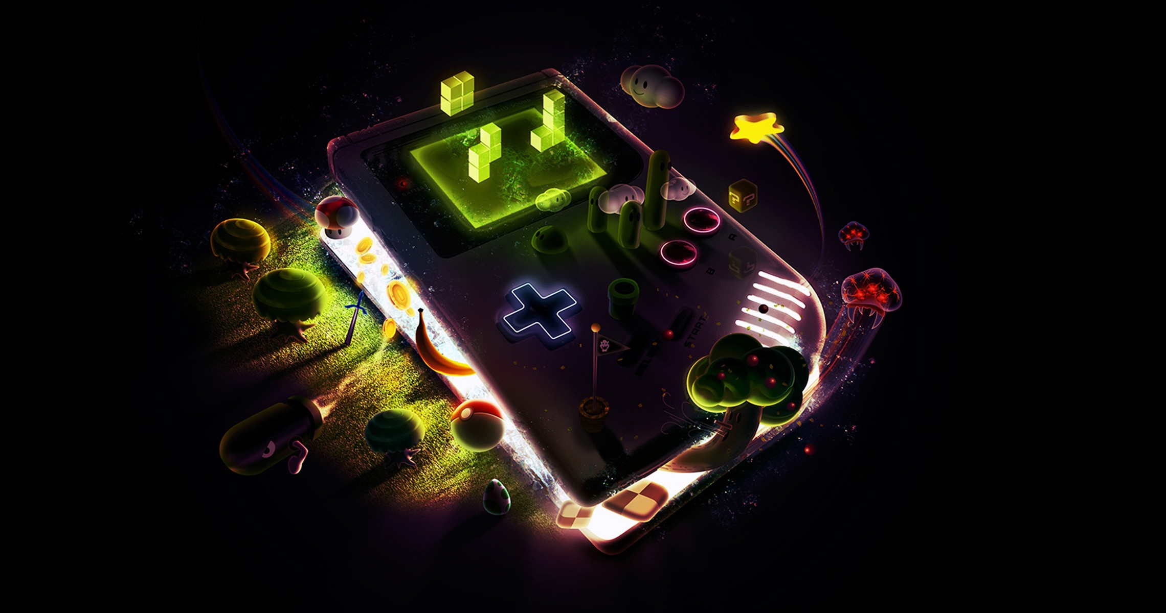 Artistic Game Boy with game elements HD Wallpaper