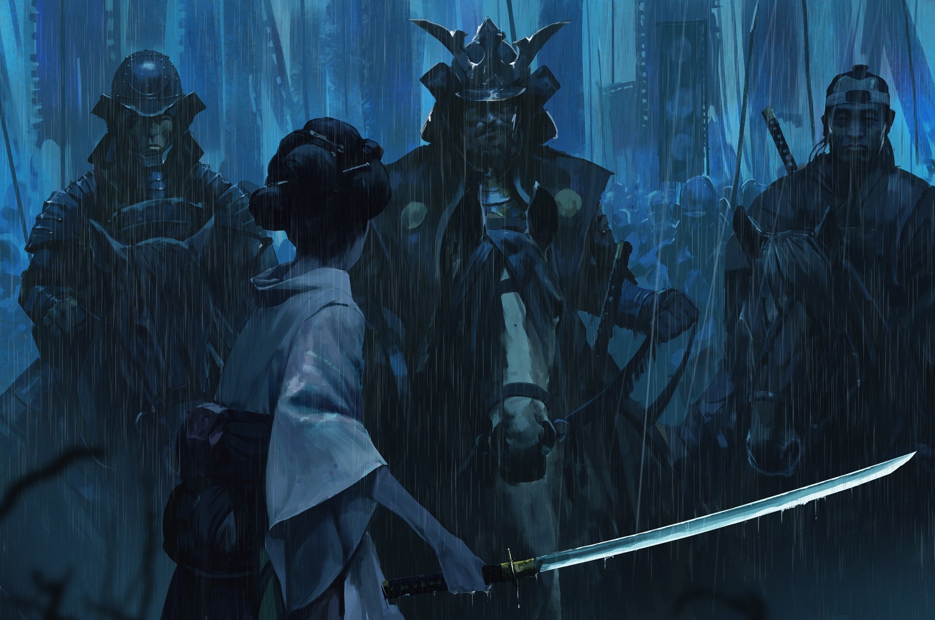 Woman with Katana faces Samurai army in rain HD Wallpaper