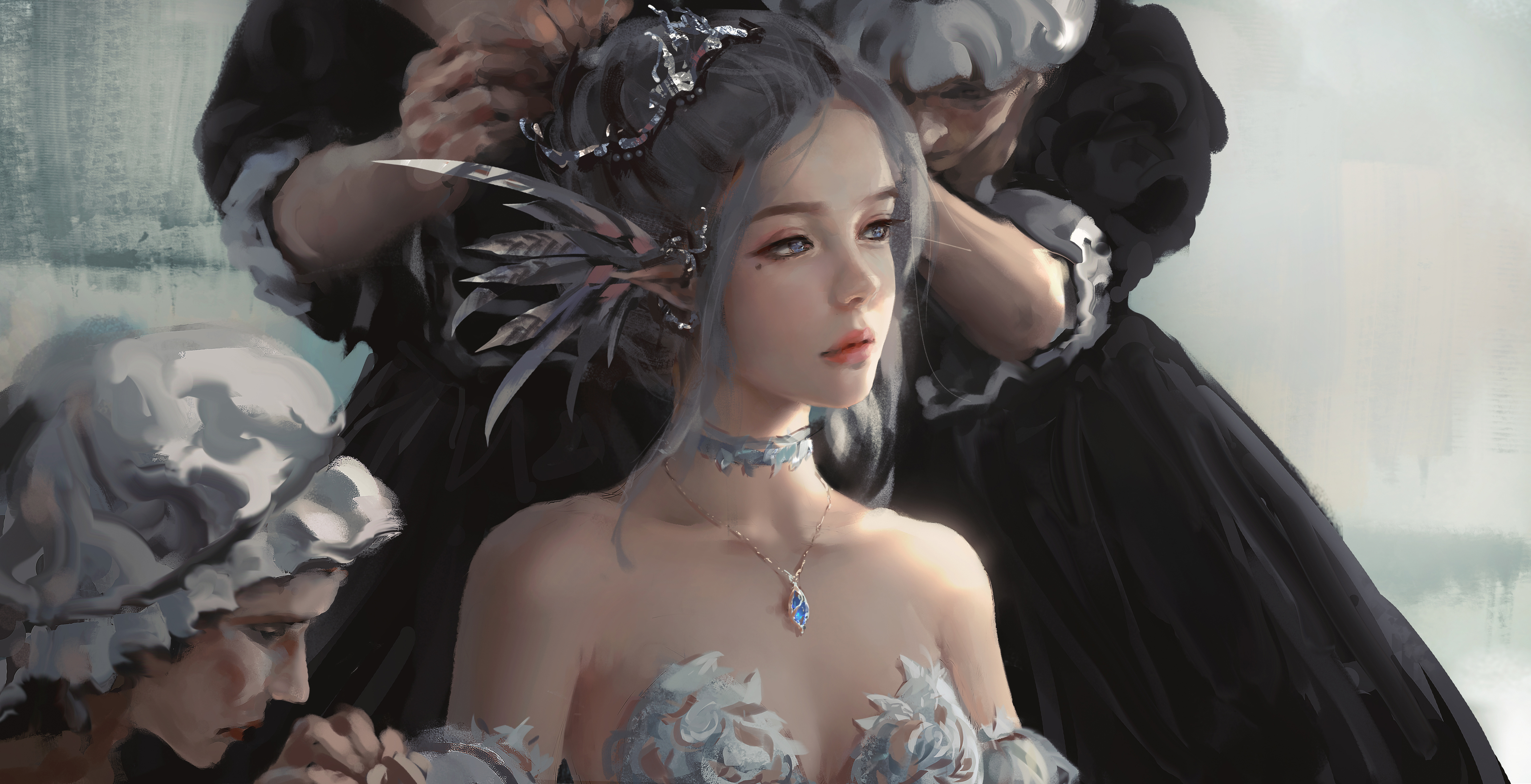 Elegant Elf Woman with Grey Hair and Blue Eyes HD Wallpaper