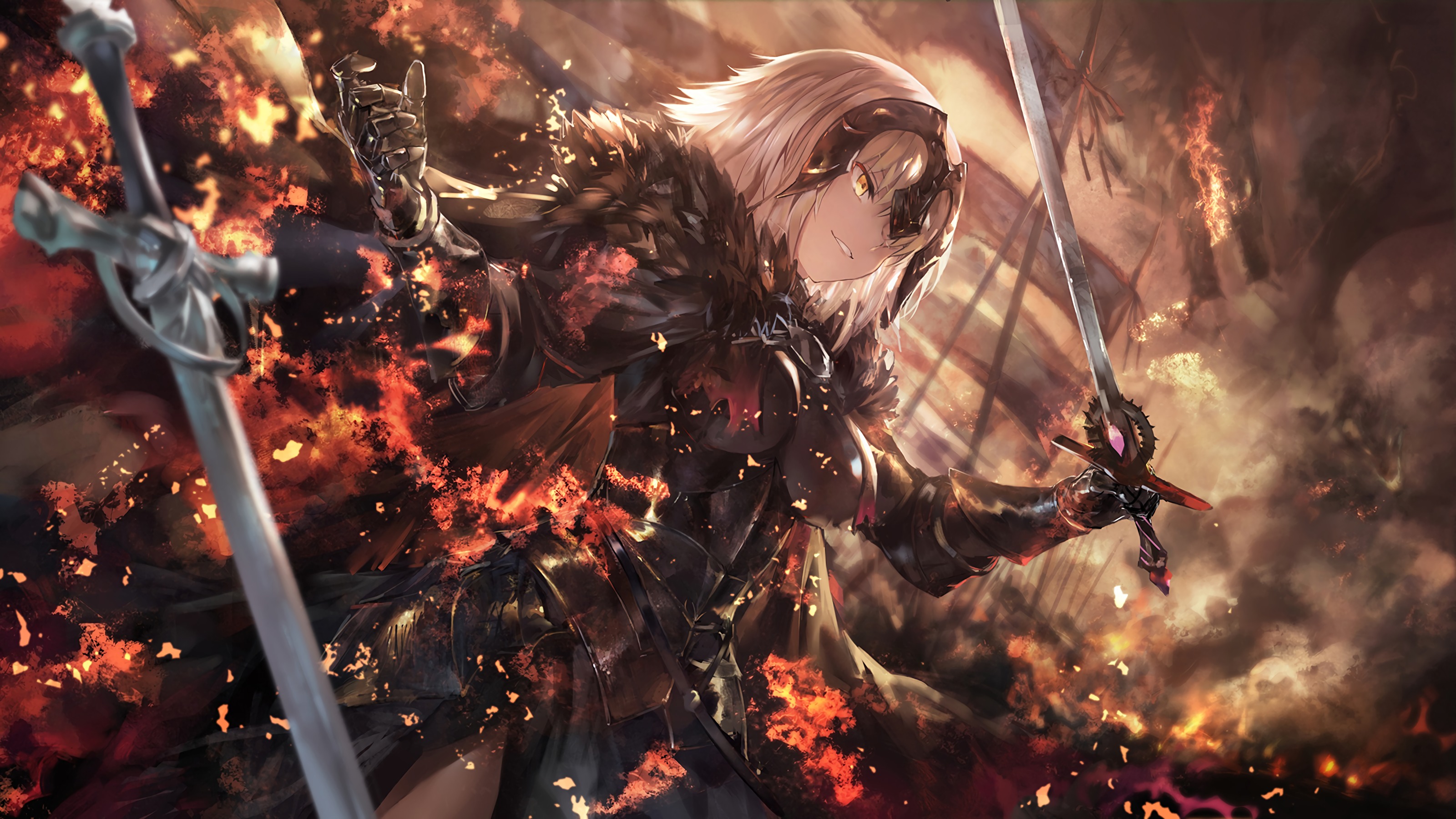 Jeanne d'Arc Alter from Fate/Grand Order with swords and flames HD Wallpaper