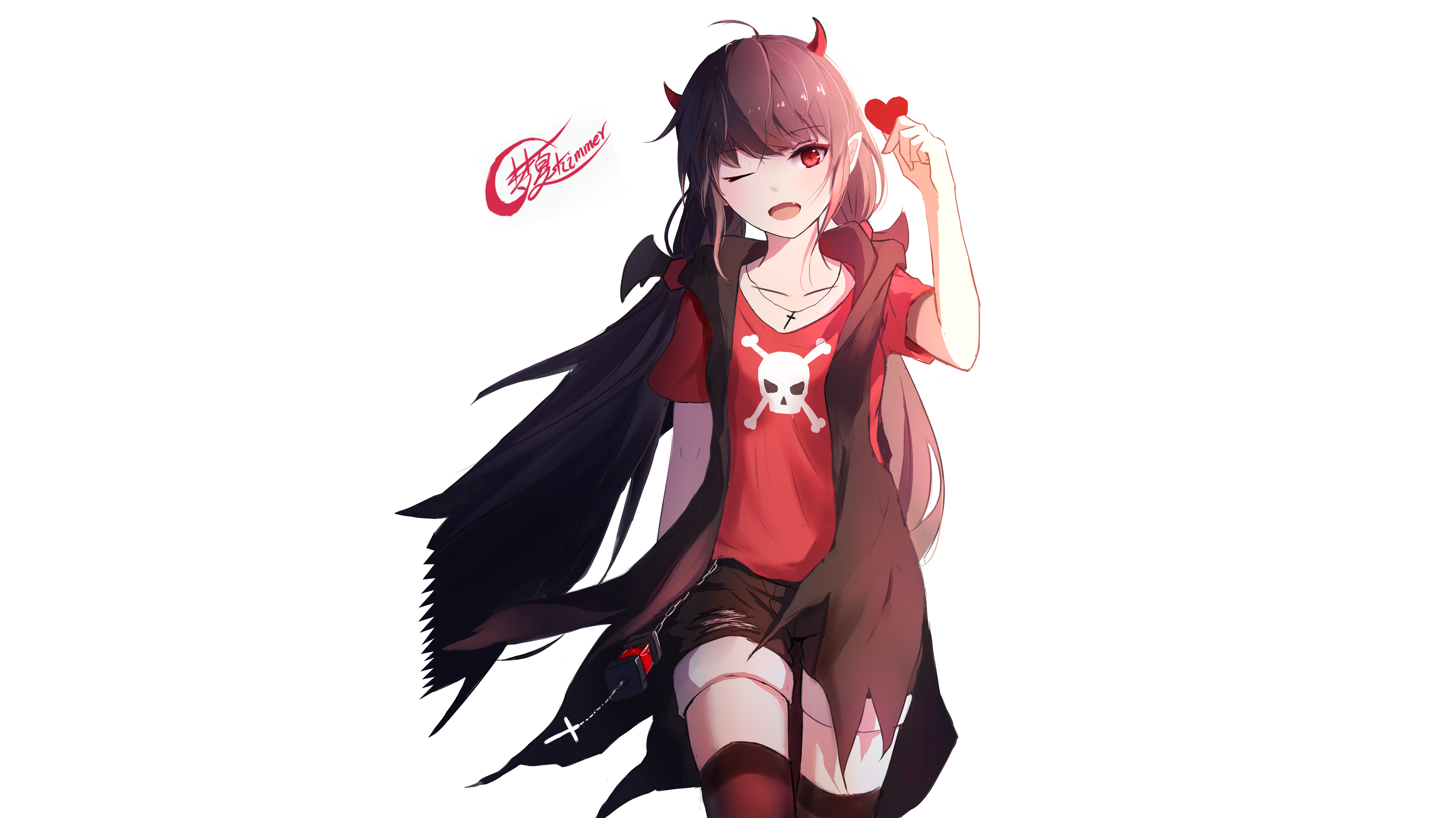 Anime girl with devil horns and skull shirt HD Wallpaper