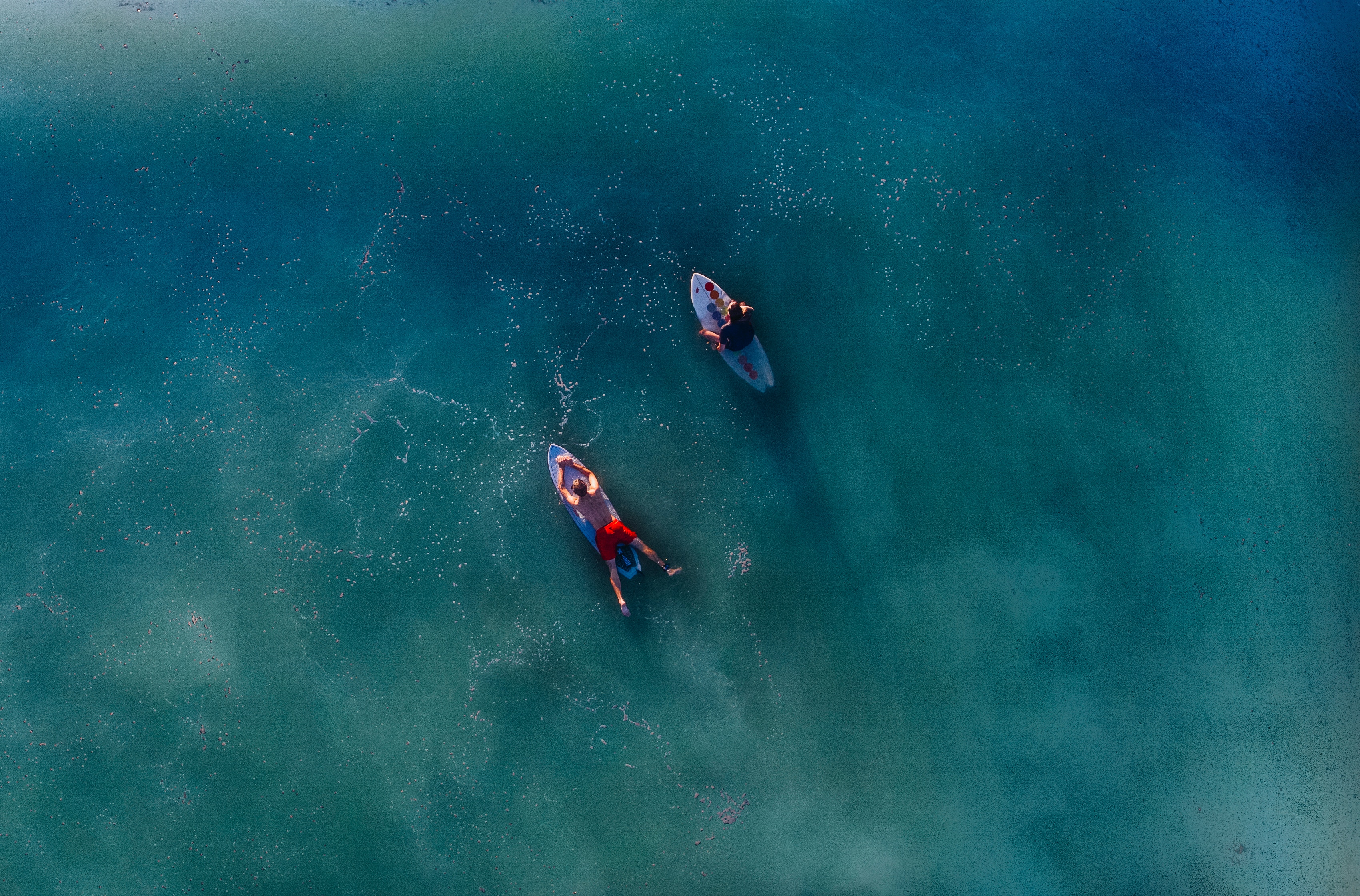 Aerial View of Two Surfers on Calm Ocean Waters HD Wallpaper