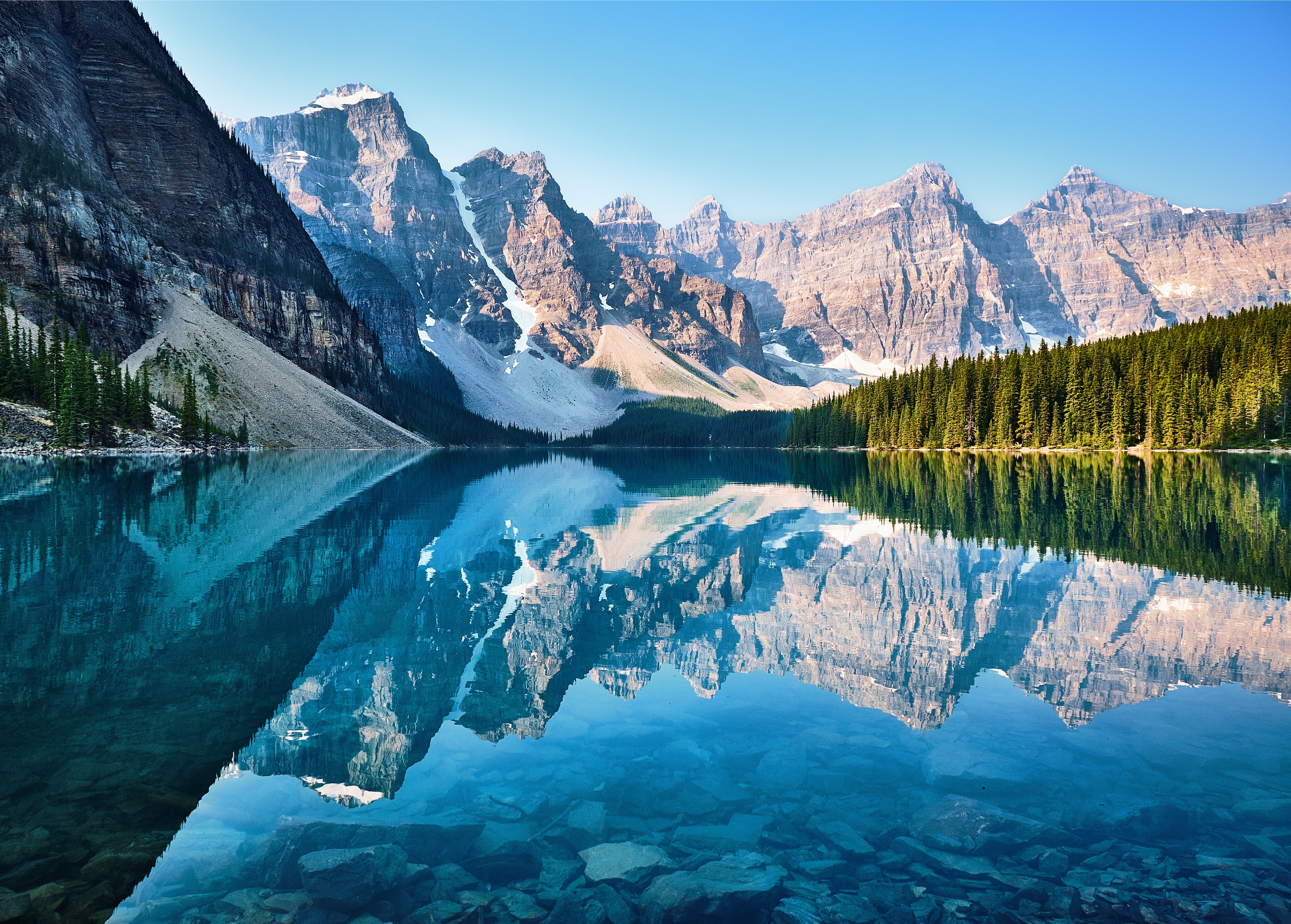 Moraine Lake with Mountains and Forest Reflection HD Wallpaper