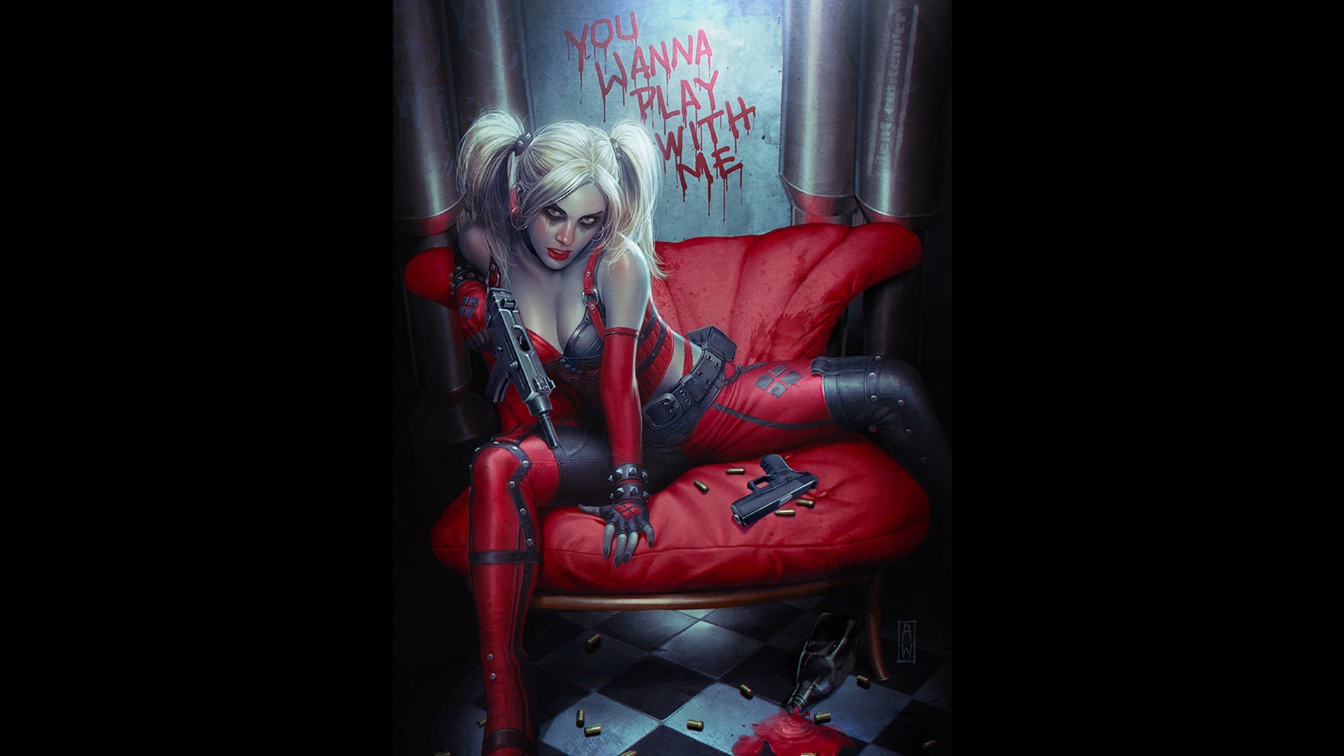 Harley Quinn sitting on a red chair with guns HD Wallpaper
