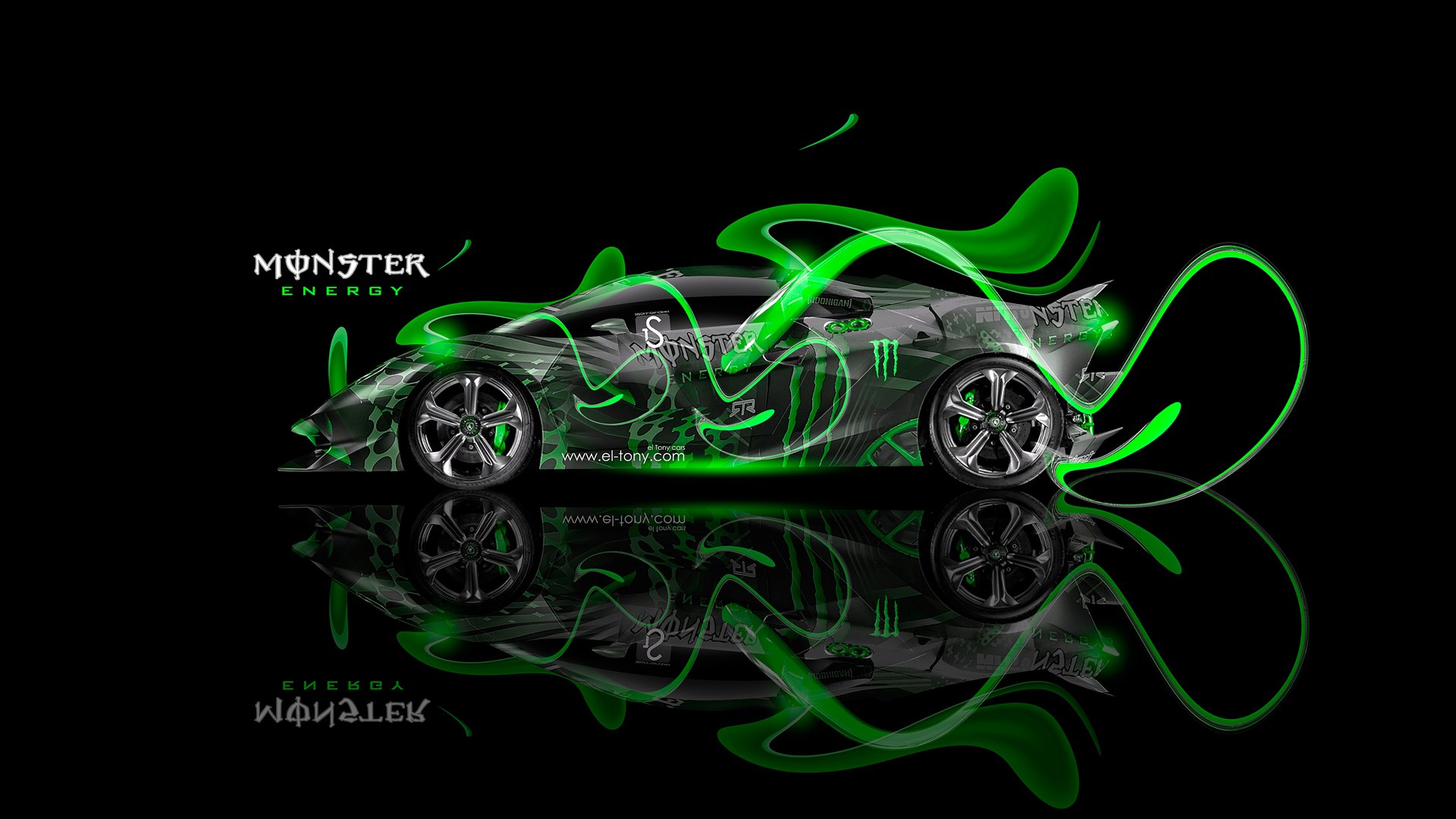 Monster Energy car with green light trails HD Wallpaper