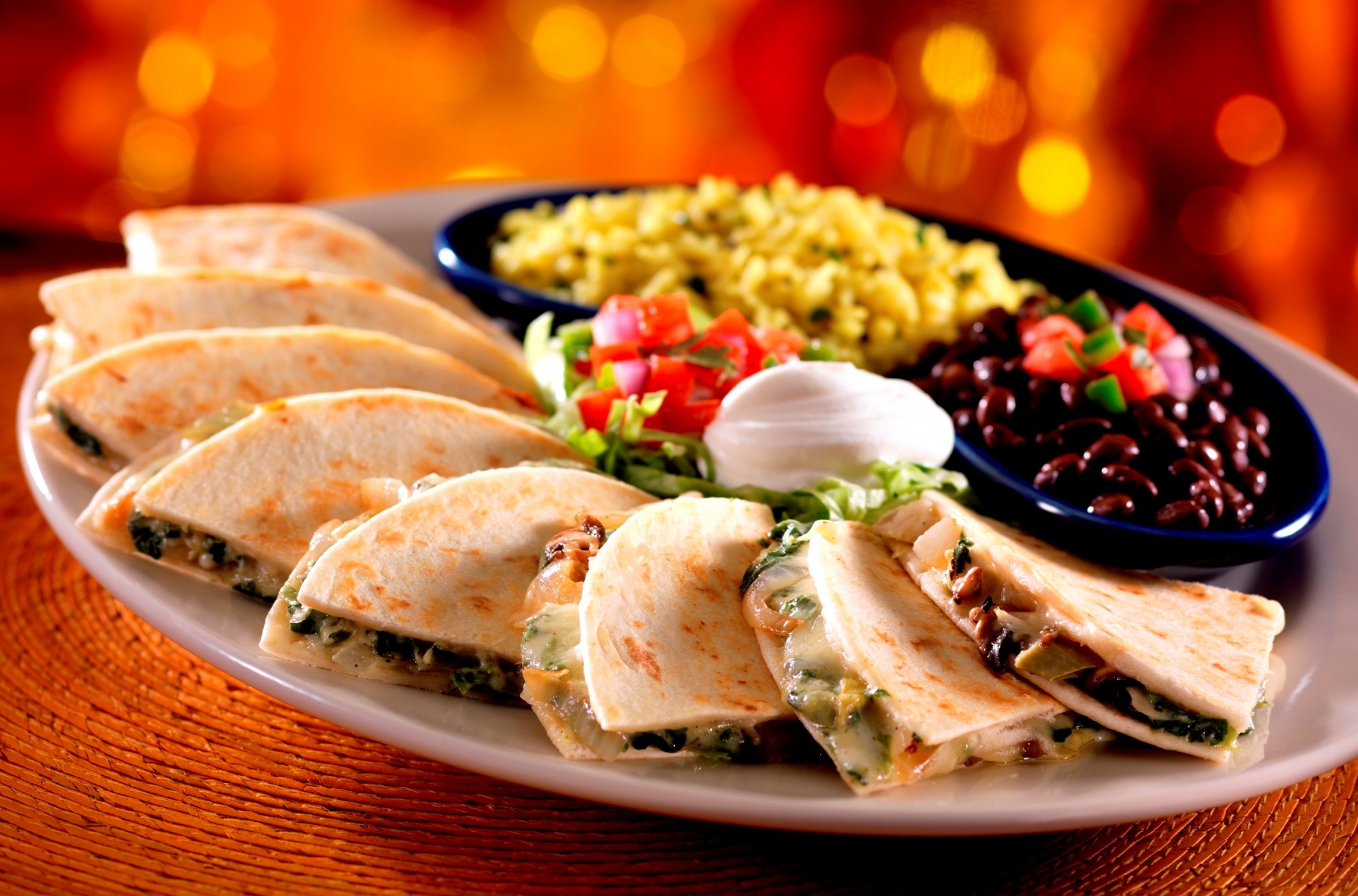 Quesadillas with rice, beans, and sour cream HD Wallpaper
