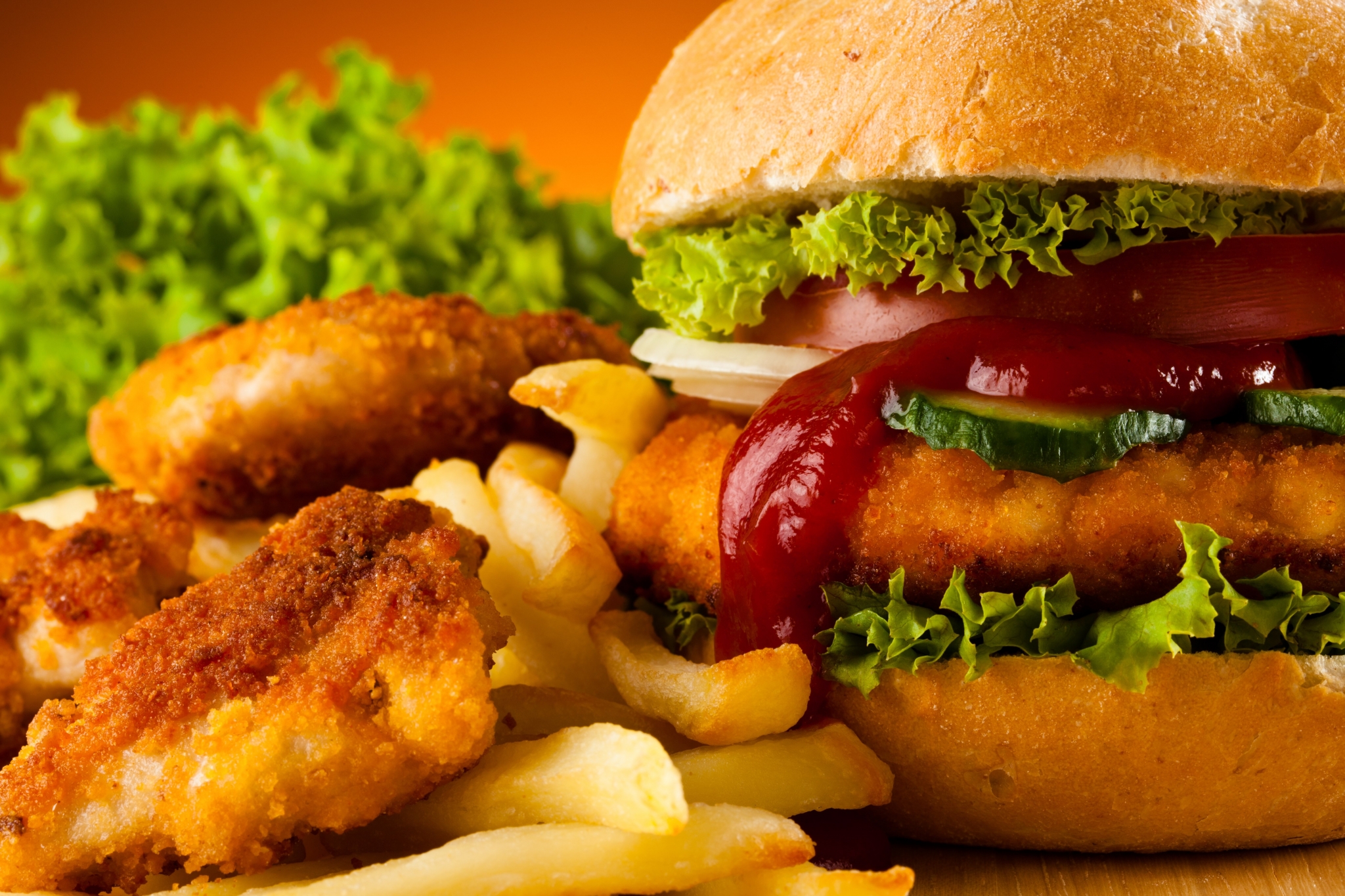 Burger, chicken nuggets, and french fries HD Wallpaper