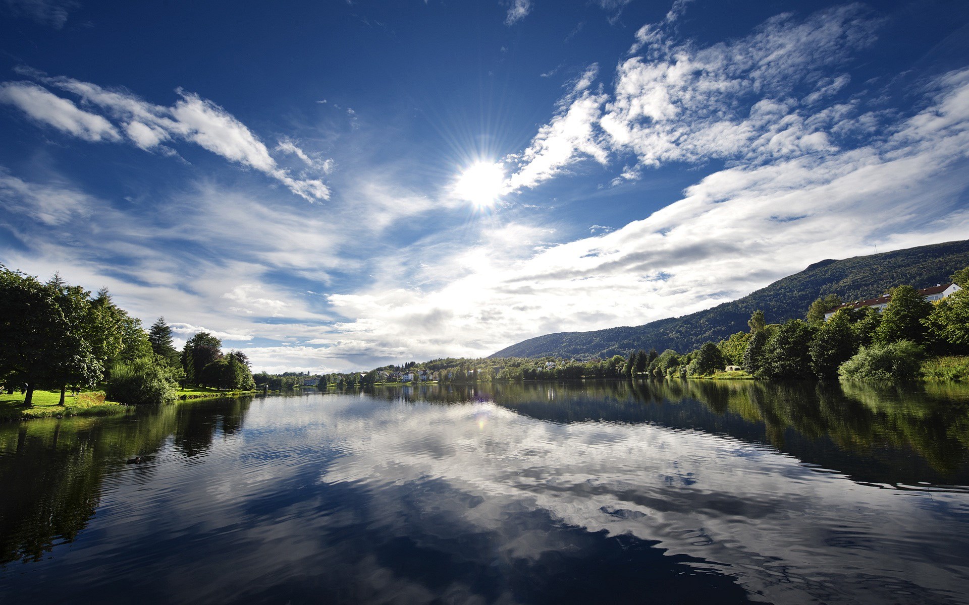 Lake with Mountains and Sunlit Sky HD Wallpaper