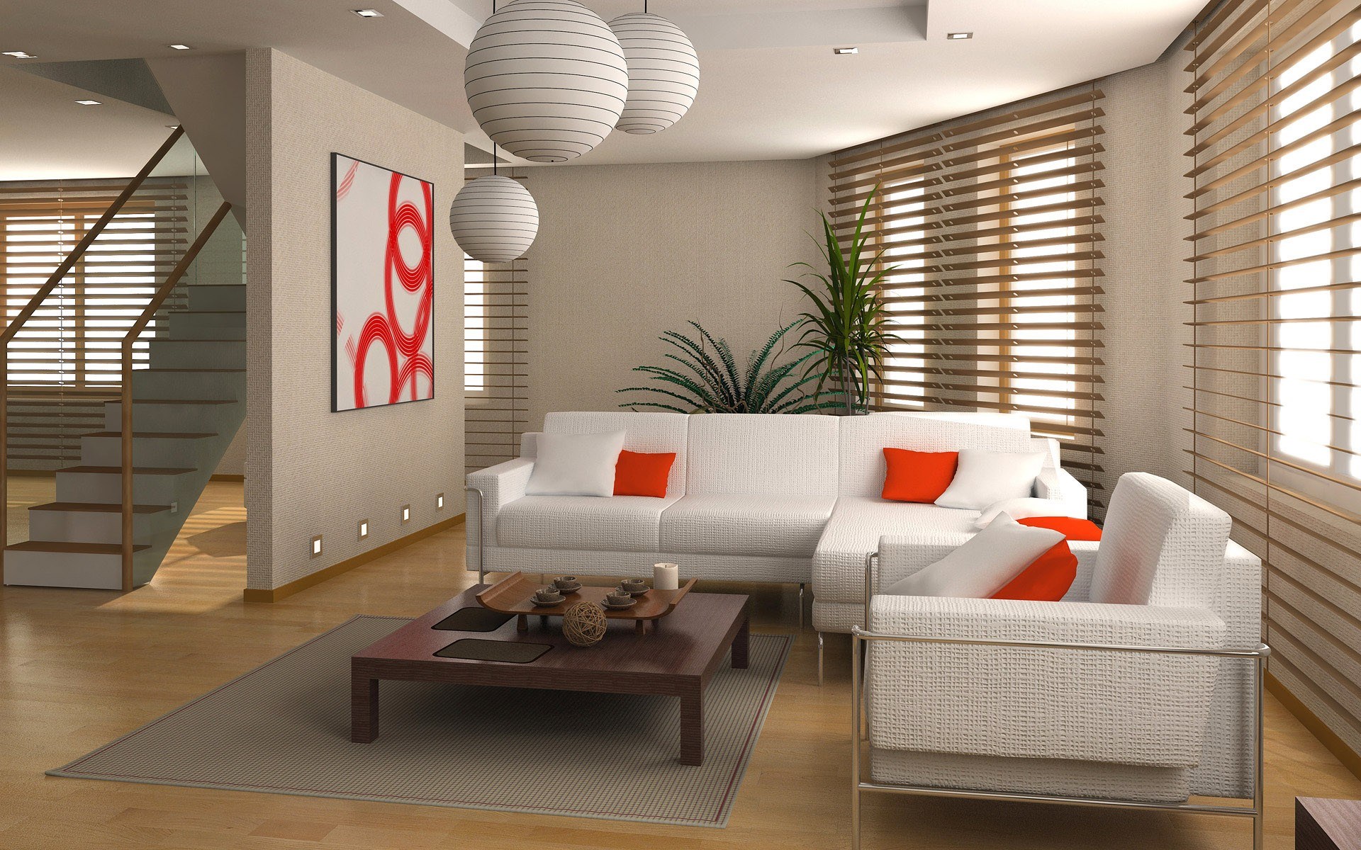 Modern living room with white sofa and coffee table HD Wallpaper