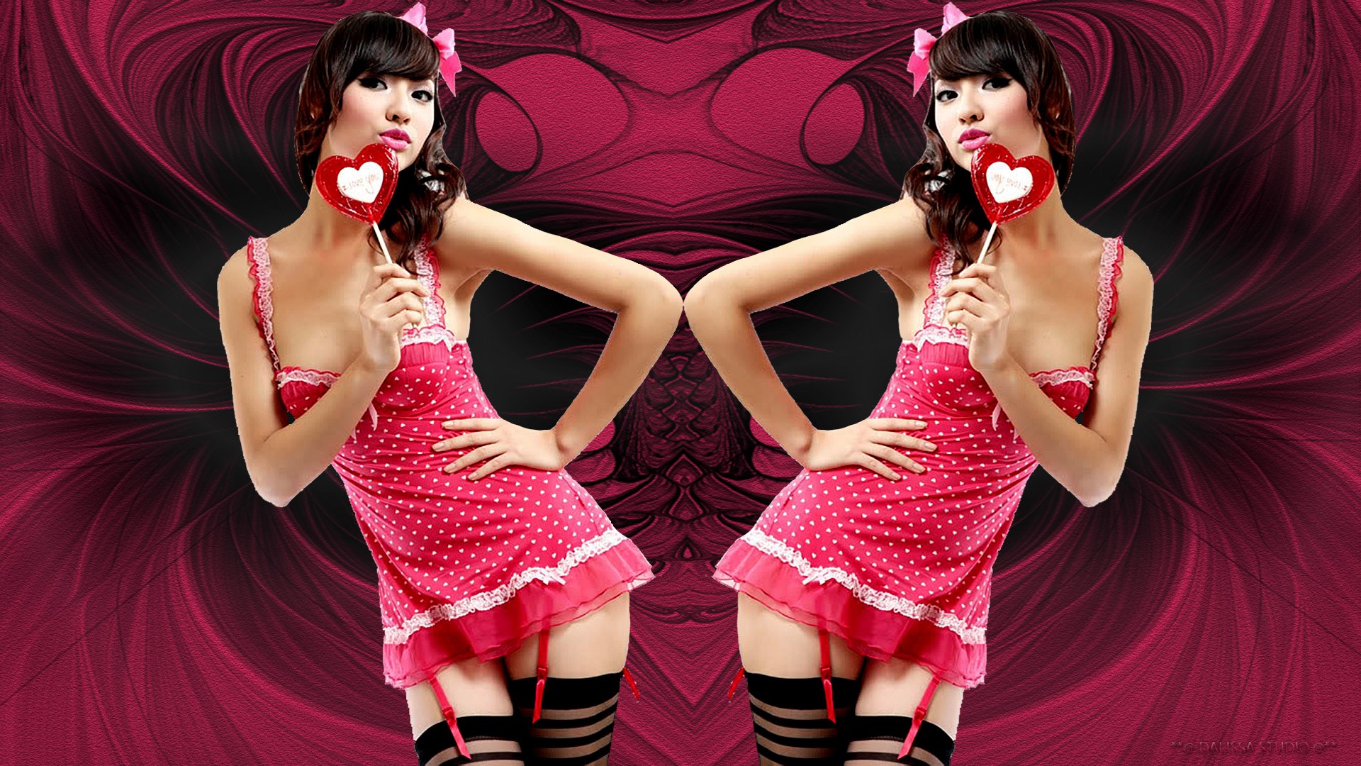 Asian woman in pink dress holding heart lollipop HD Wallpaper