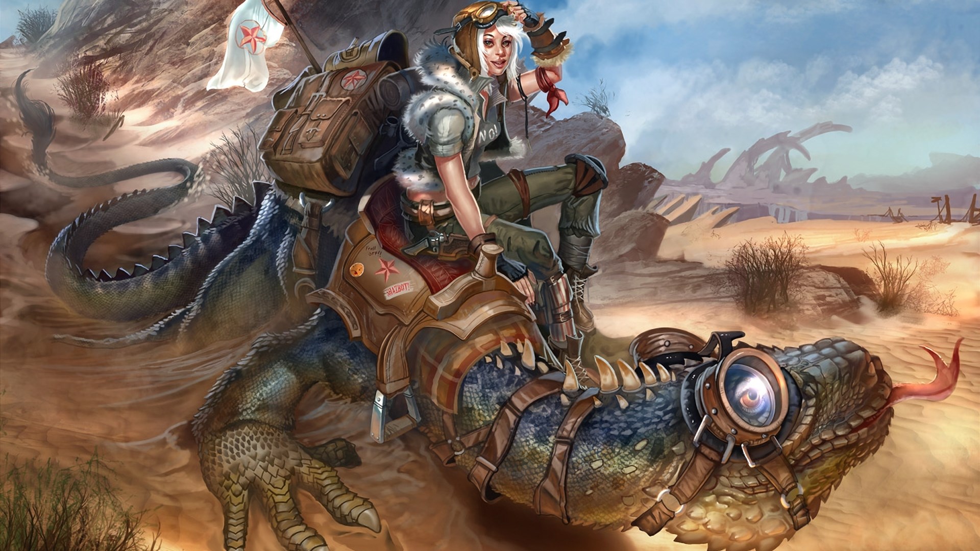 Desert punk girl riding a lizard creature HD Wallpaper