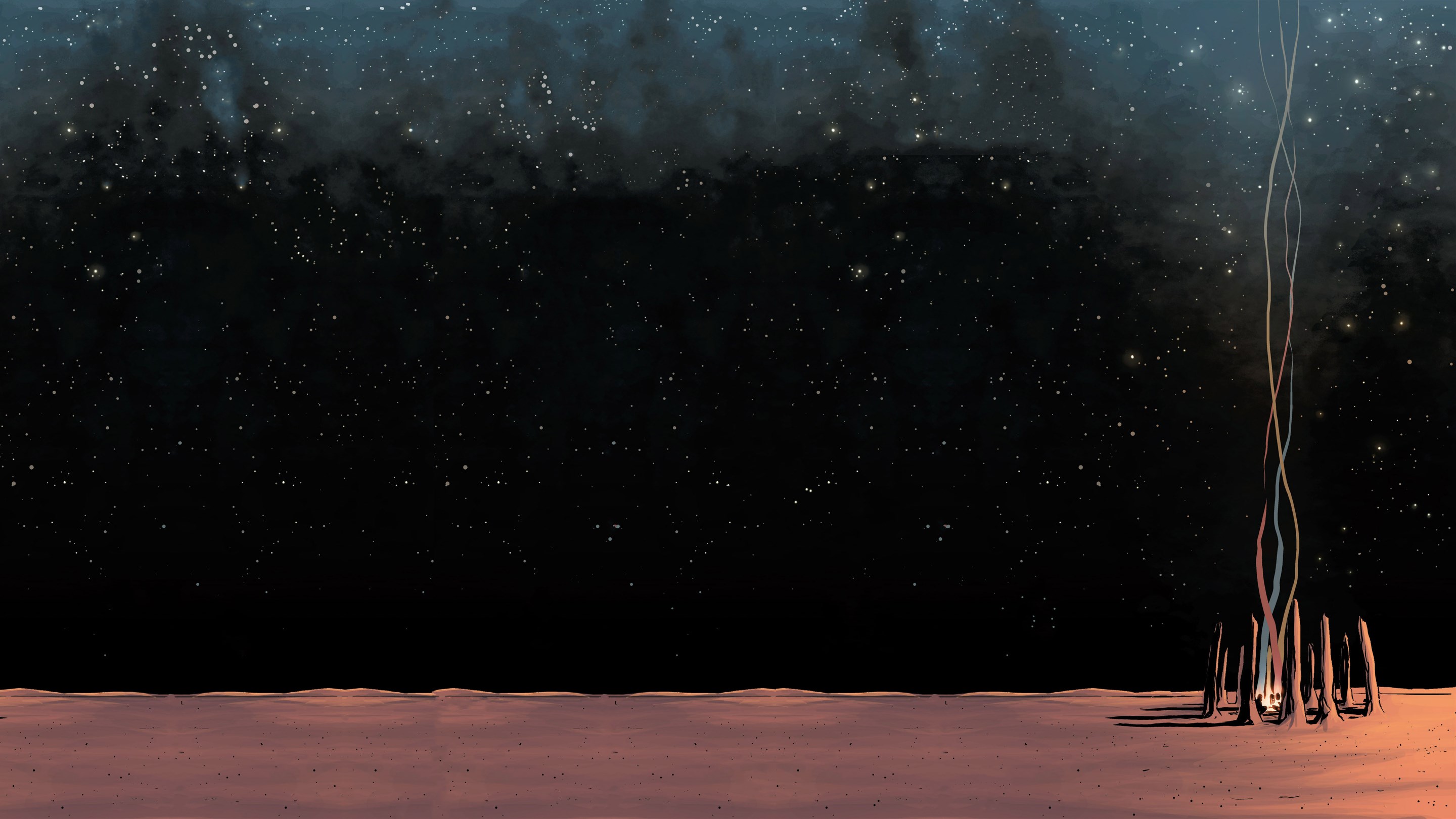 Alien landscape with starry sky and glowing structure HD Wallpaper