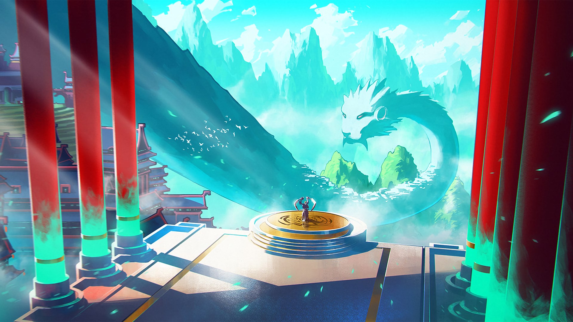 Duelyst: Dragon spirit and warrior on a platform HD Wallpaper