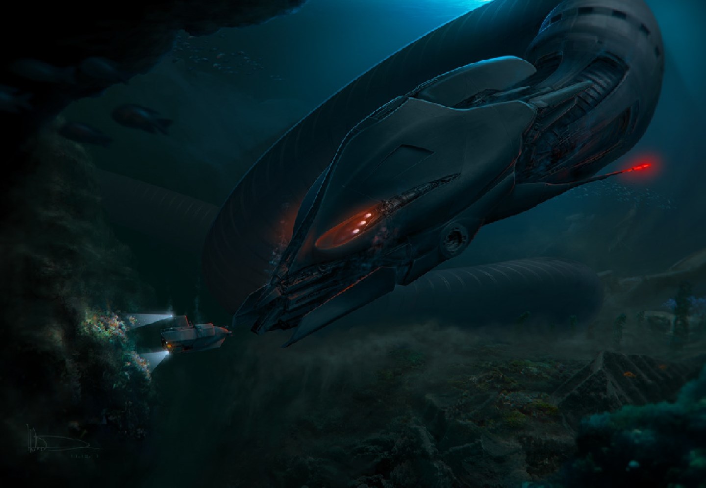 Alien spaceship encounters submersible underwater HD Wallpaper