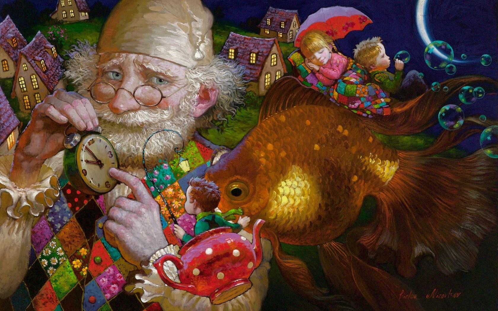 Old Man with Clock and Children on Goldfish HD Wallpaper