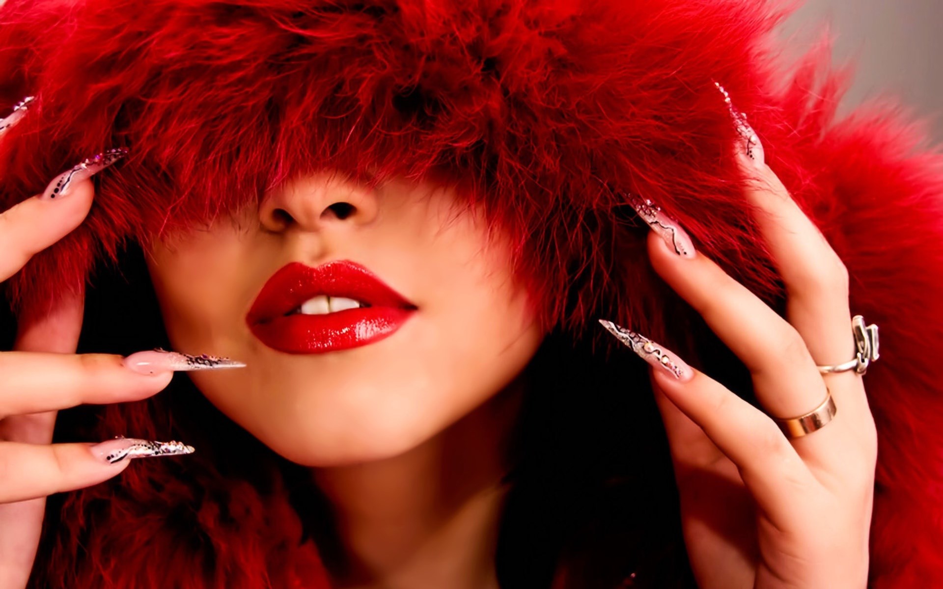 Close-up of woman with red fur and red lips HD Wallpaper