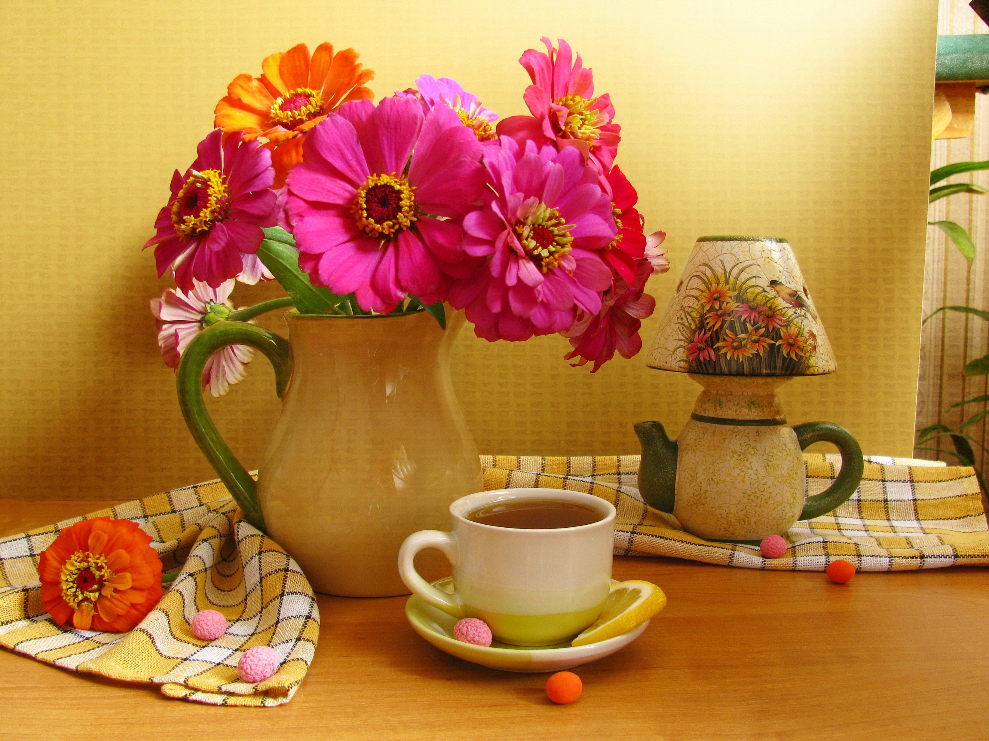 Still life with flowers, tea, and a teapot lamp HD Wallpaper