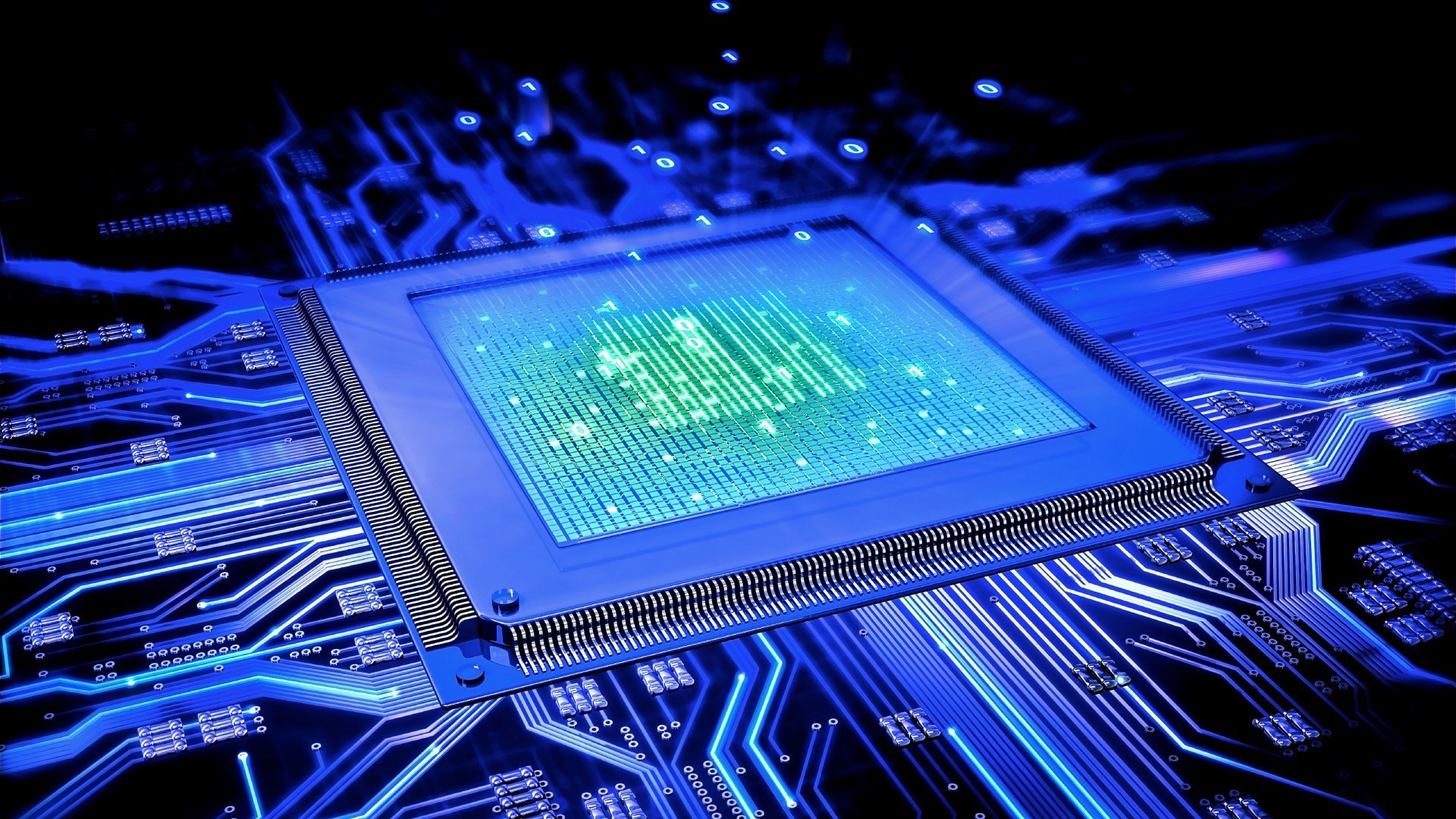 Close-up of a computer processor on a blue circuit board HD Wallpaper