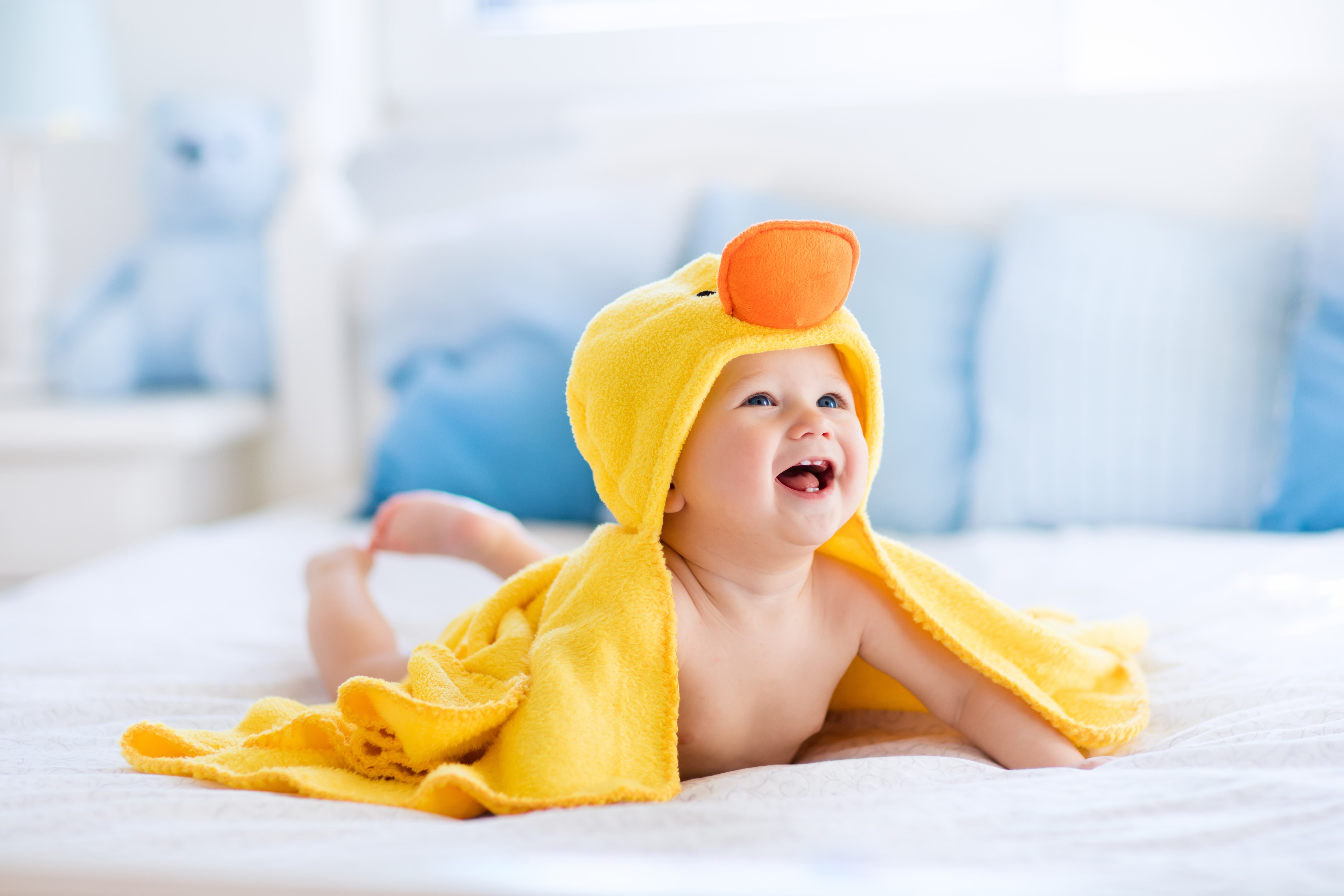 Baby in a yellow duck towel HD Wallpaper