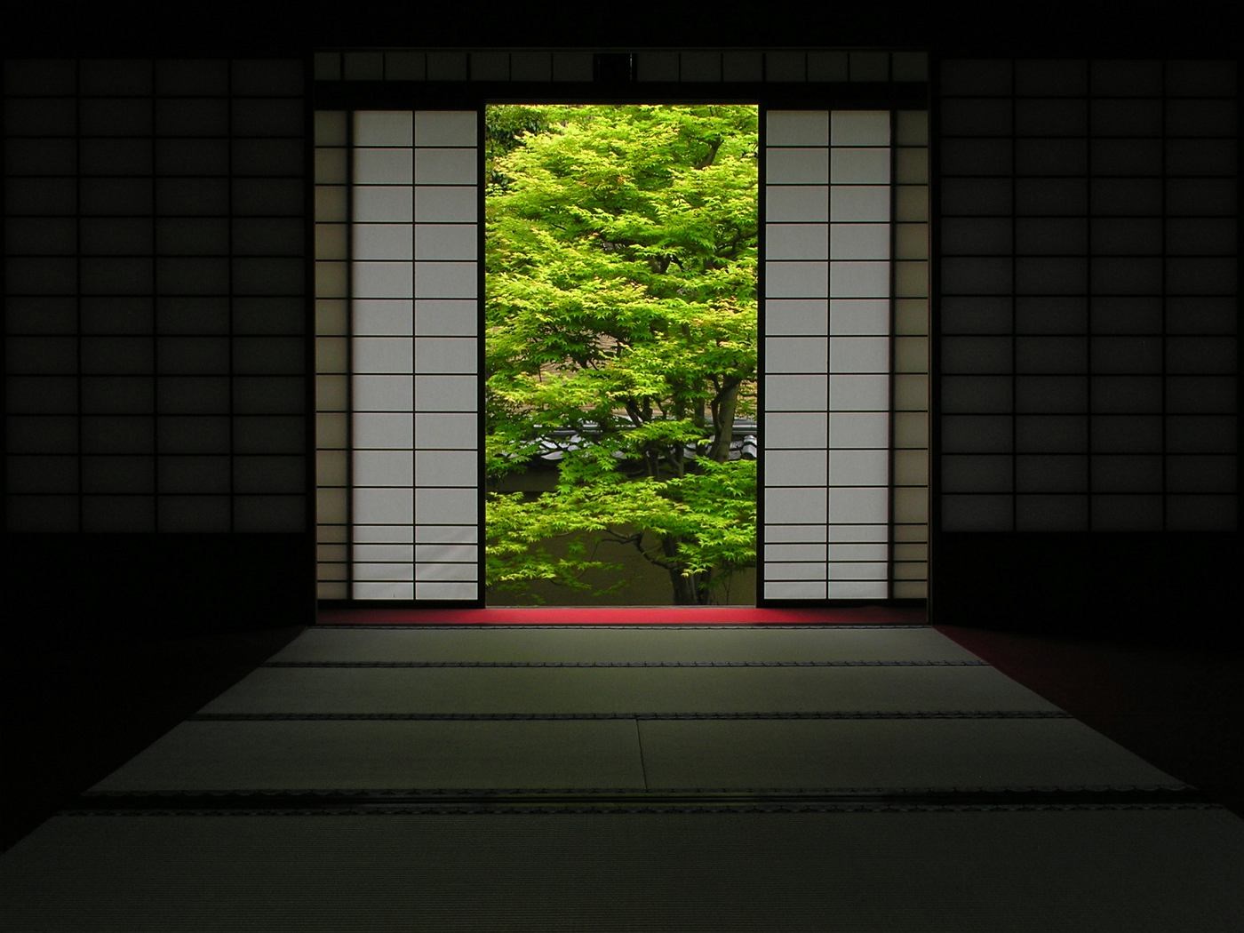 Japanese room with sliding doors and garden view HD Wallpaper