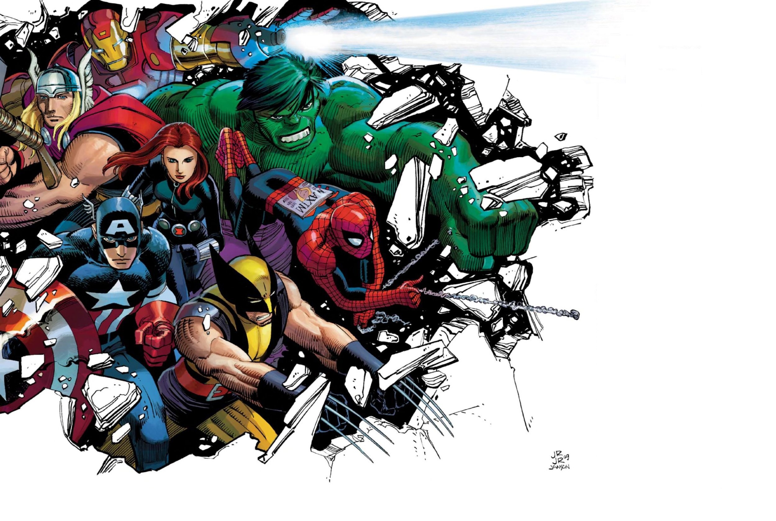 Avengers and X-Men characters breaking through wall HD Wallpaper