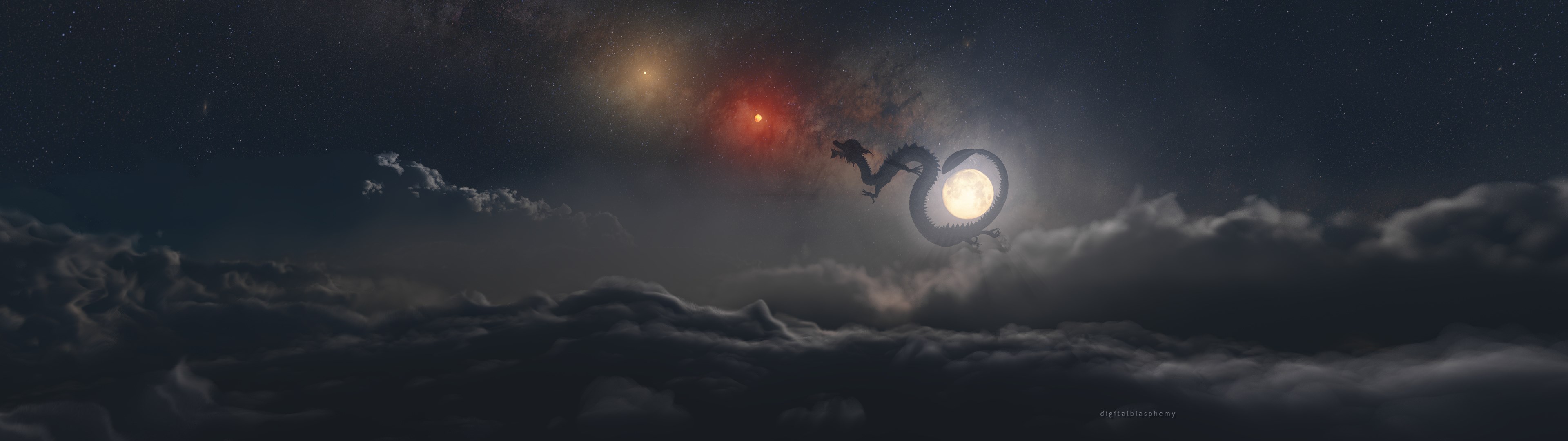 Dragon circling the moon in a cloudy night sky HD Wallpaper