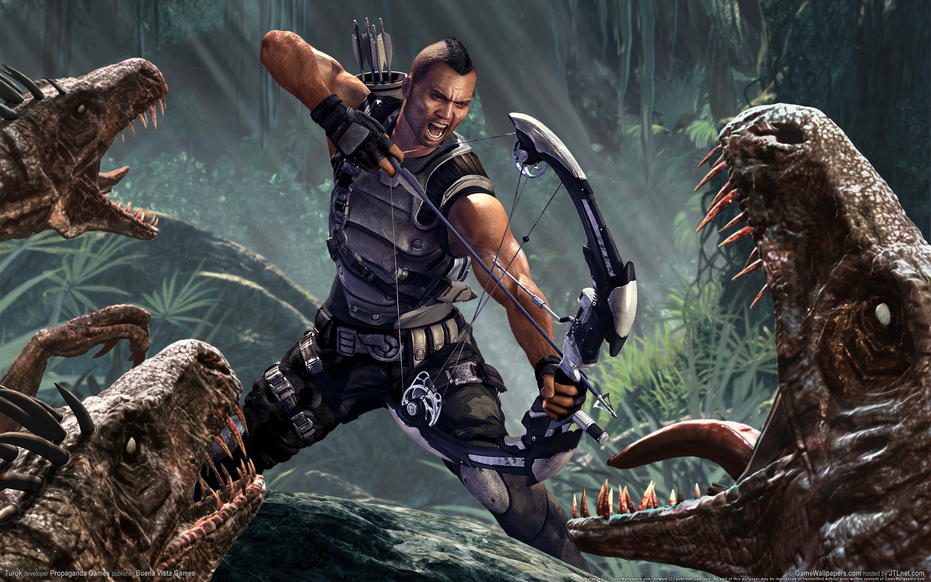 Turok fighting dinosaurs with a bow HD Wallpaper