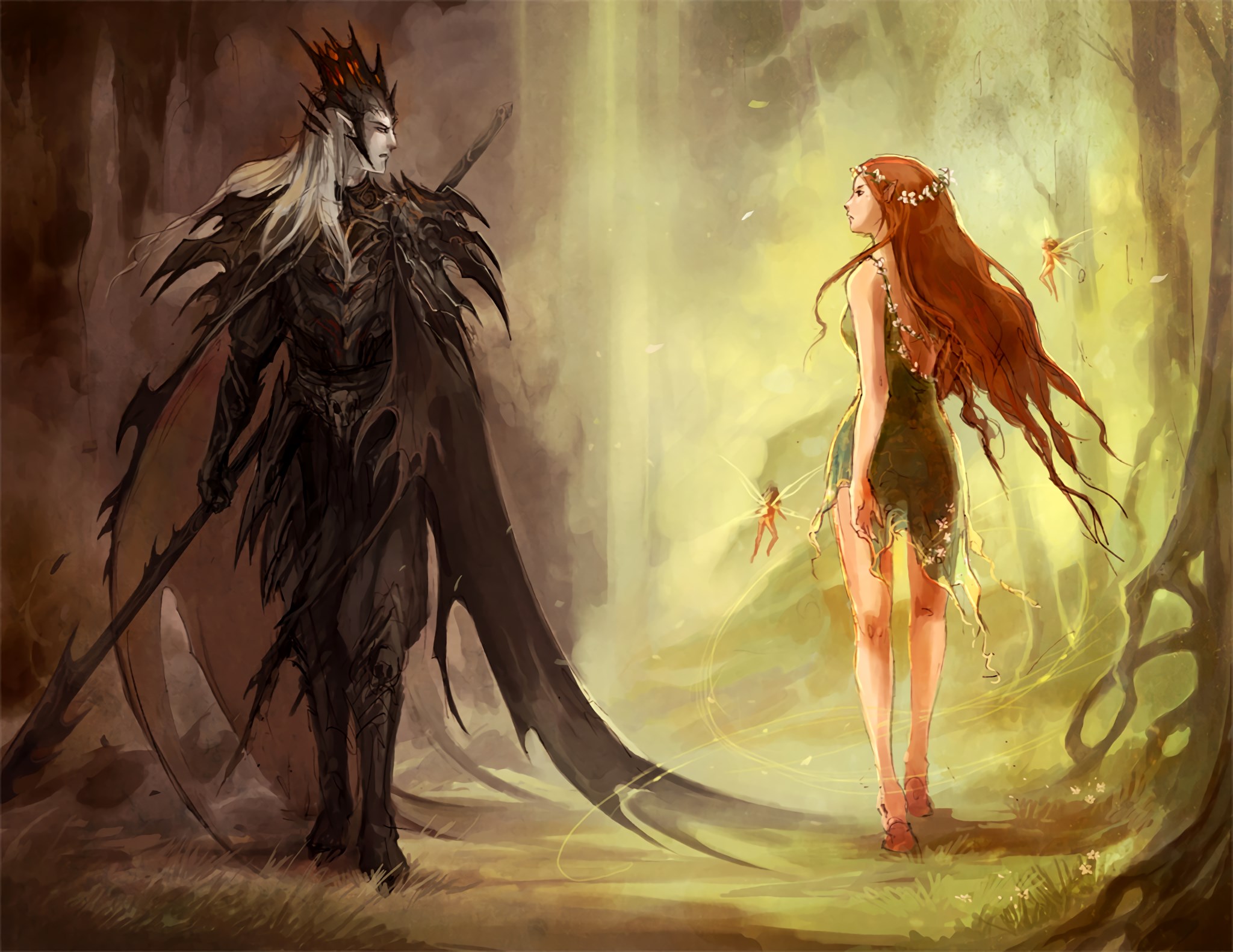 Dark Elf King and Fairy Queen in Forest HD Wallpaper
