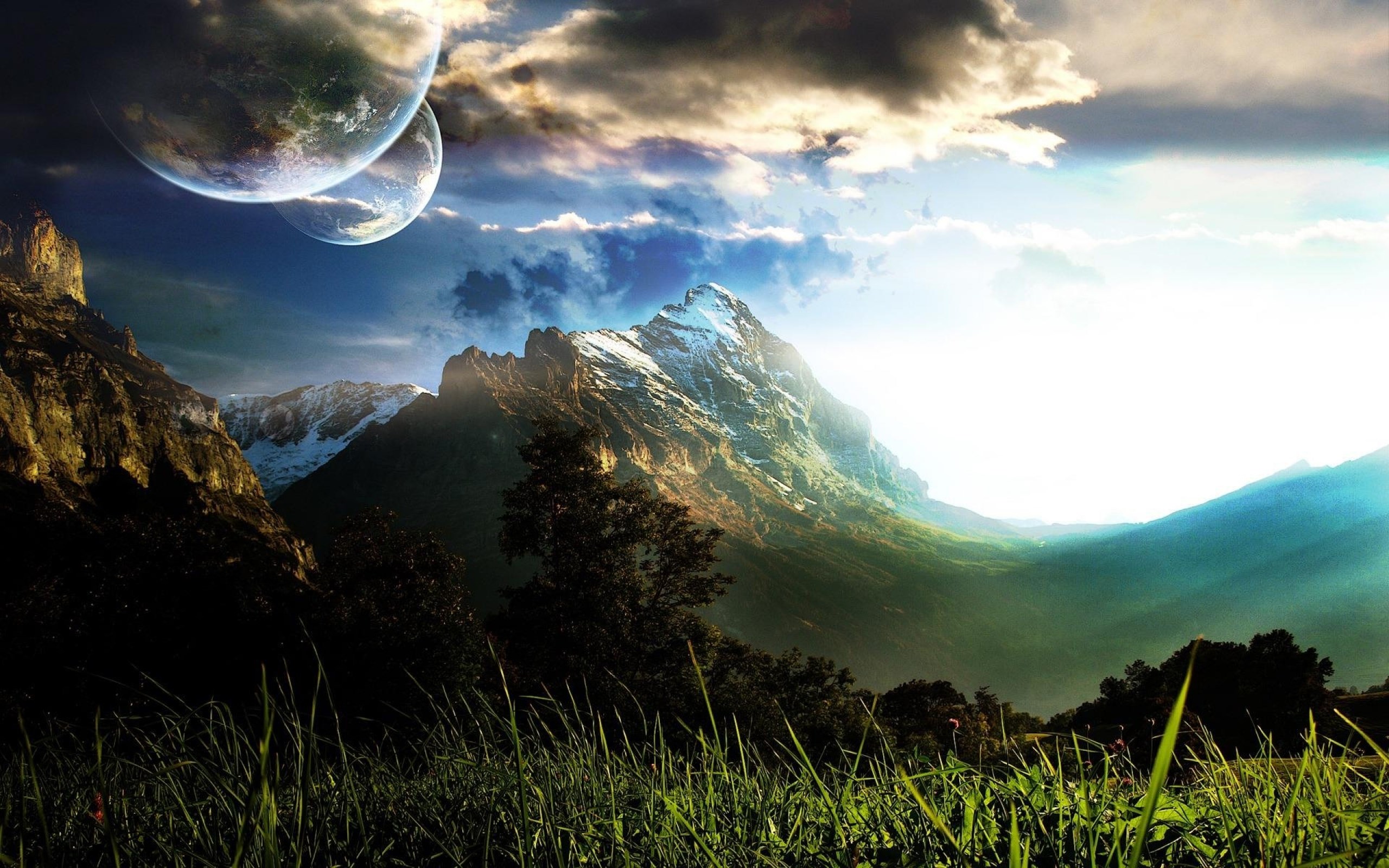 Two planets over snowy mountains and grassy field HD Wallpaper