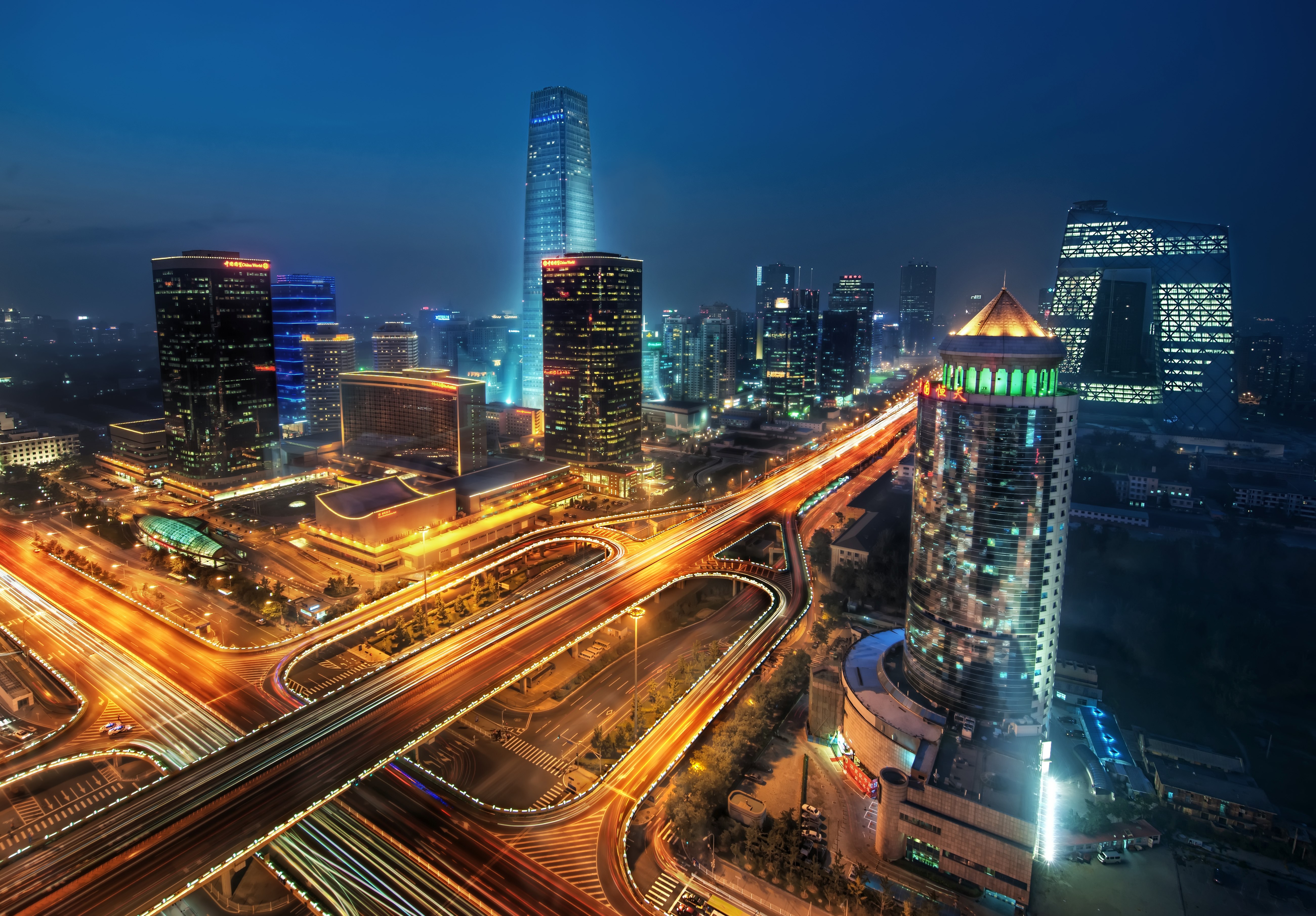 Beijing Cityscape at Night with Light Trails HD Wallpaper