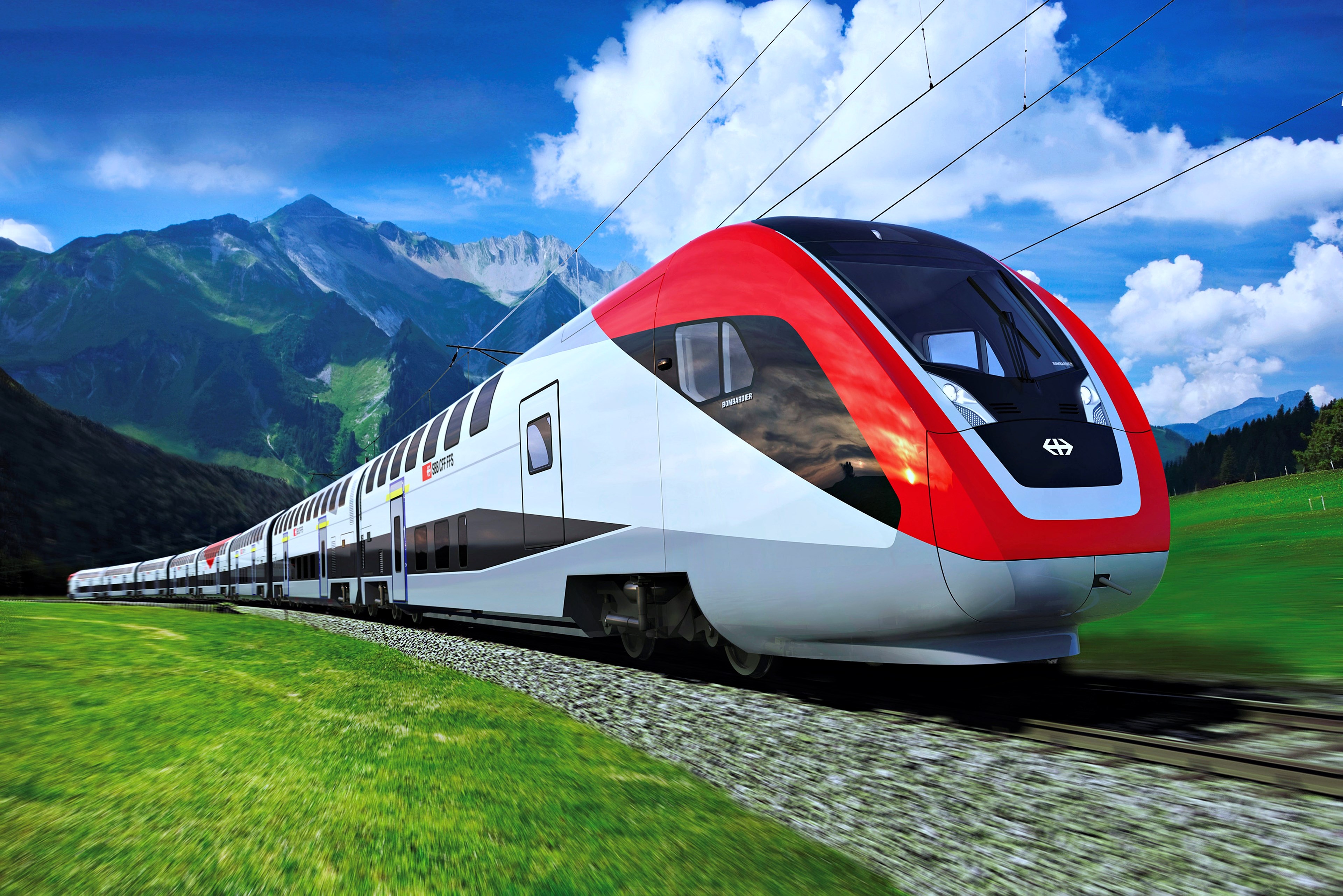 Modern high-speed train in Swiss Alps HD Wallpaper