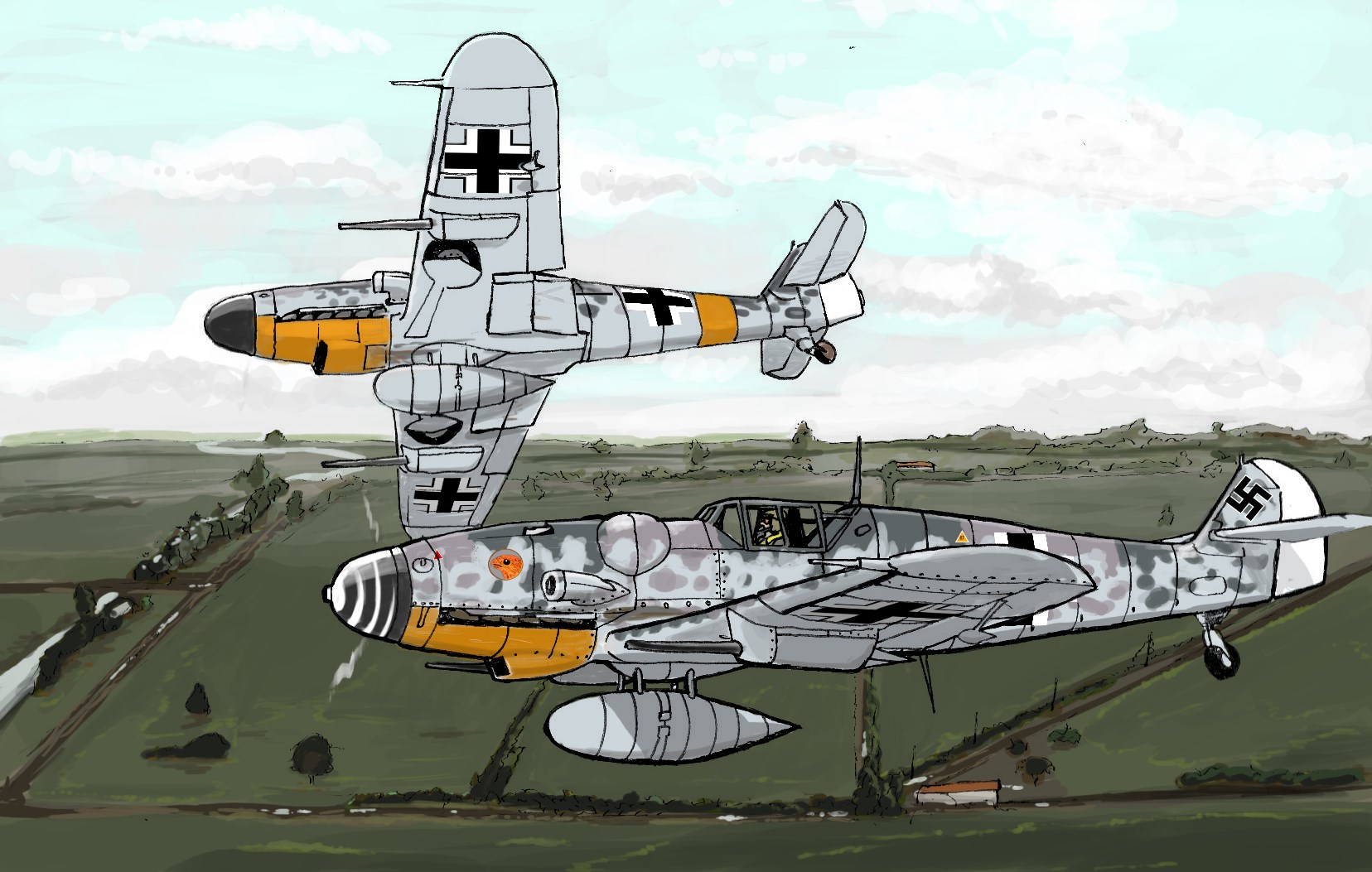 Two Messerschmitt Bf 109 aircraft flying over a landscape HD Wallpaper