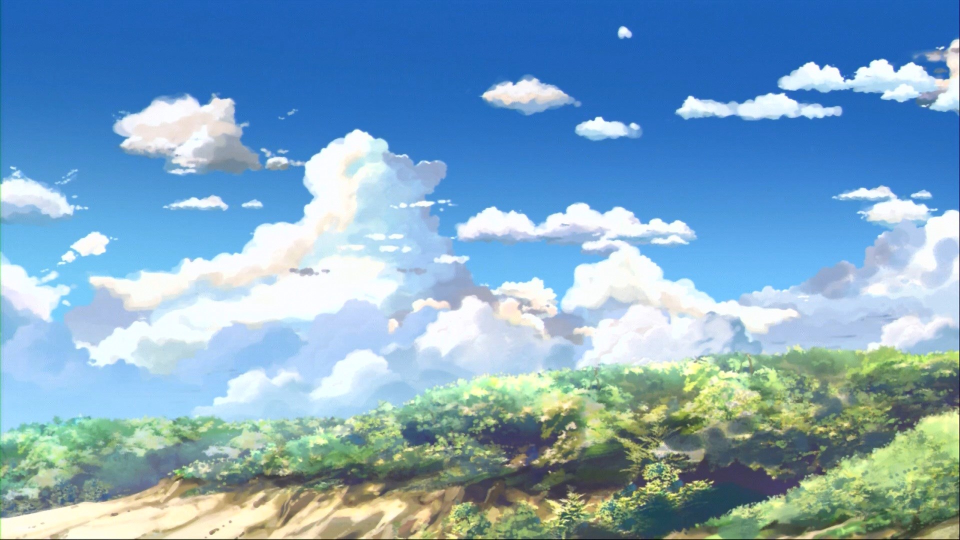 Anime landscape with blue sky and clouds HD Wallpaper