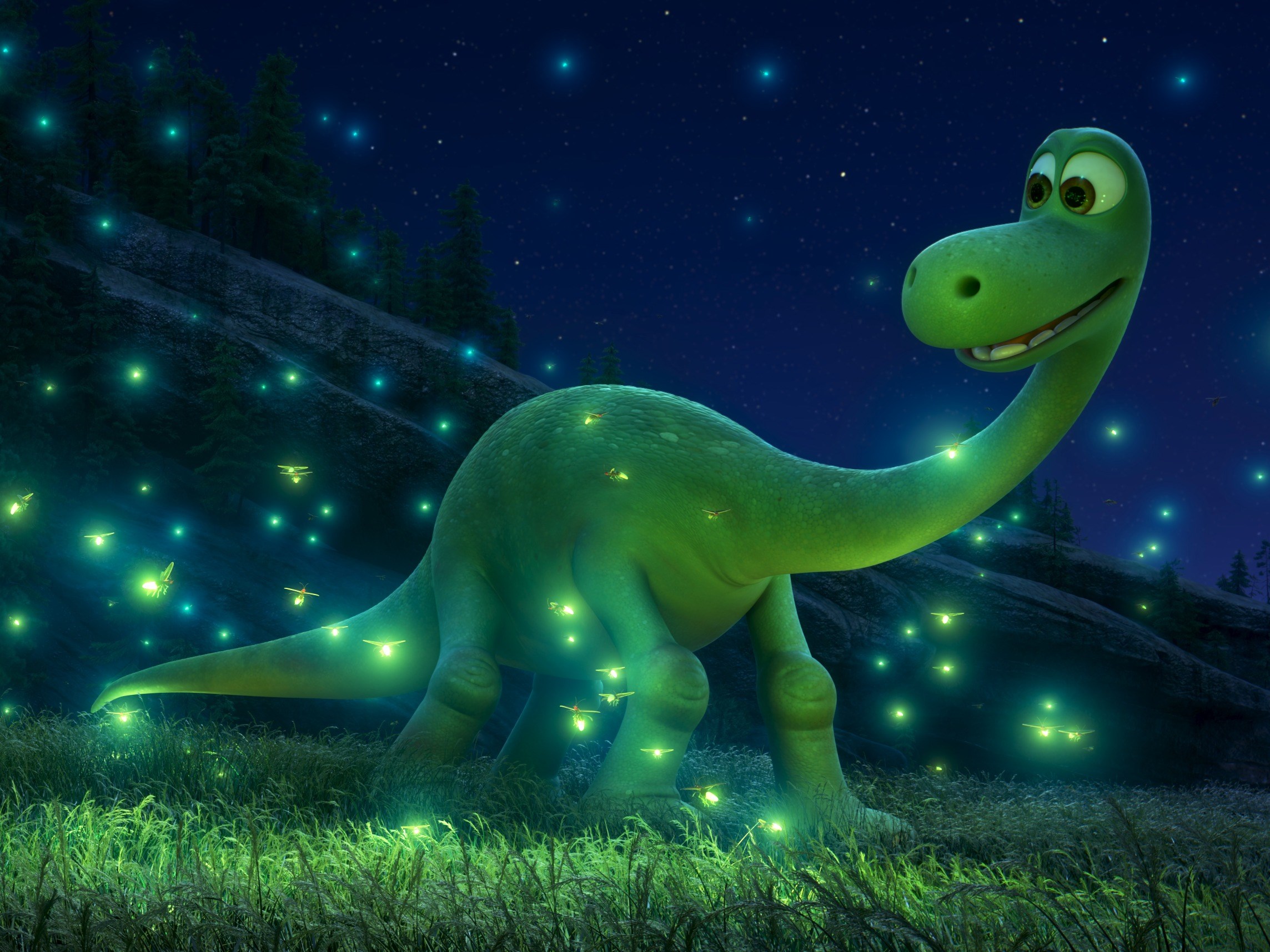 Arlo the Dinosaur surrounded by fireflies HD Wallpaper