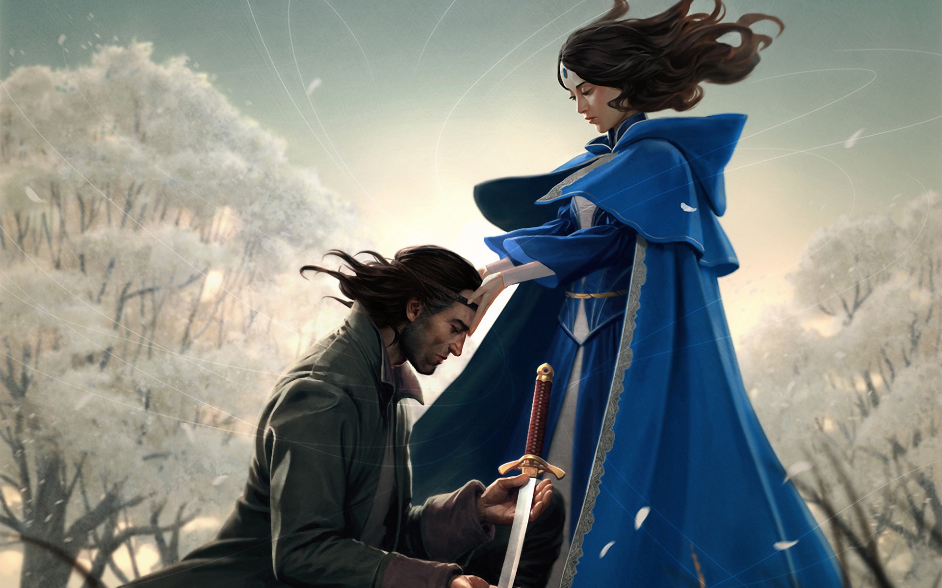 Warrior placing a circlet on a kneeling man HD Wallpaper