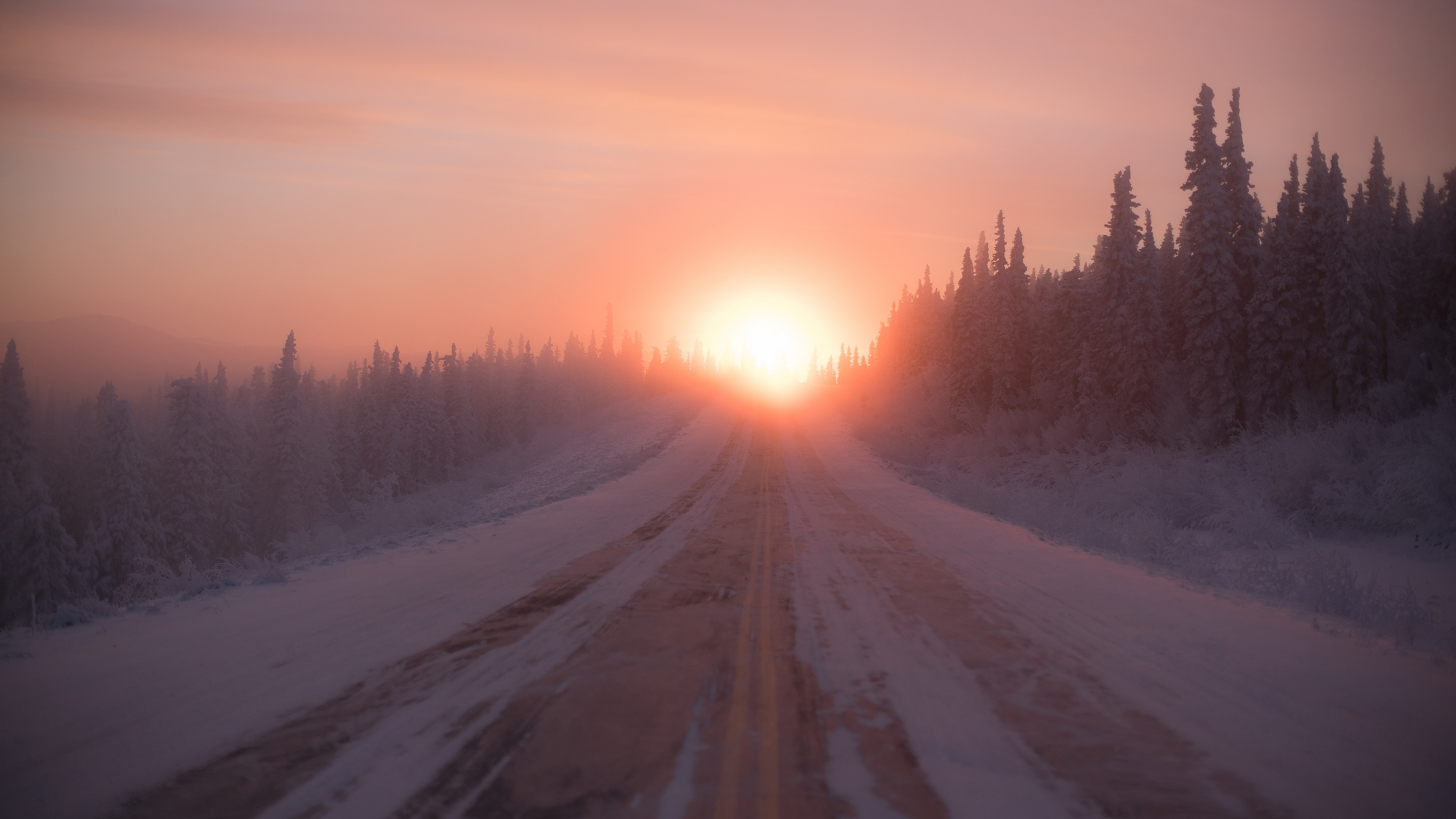 4K Snowy Road at Sunrise HD Wallpaper