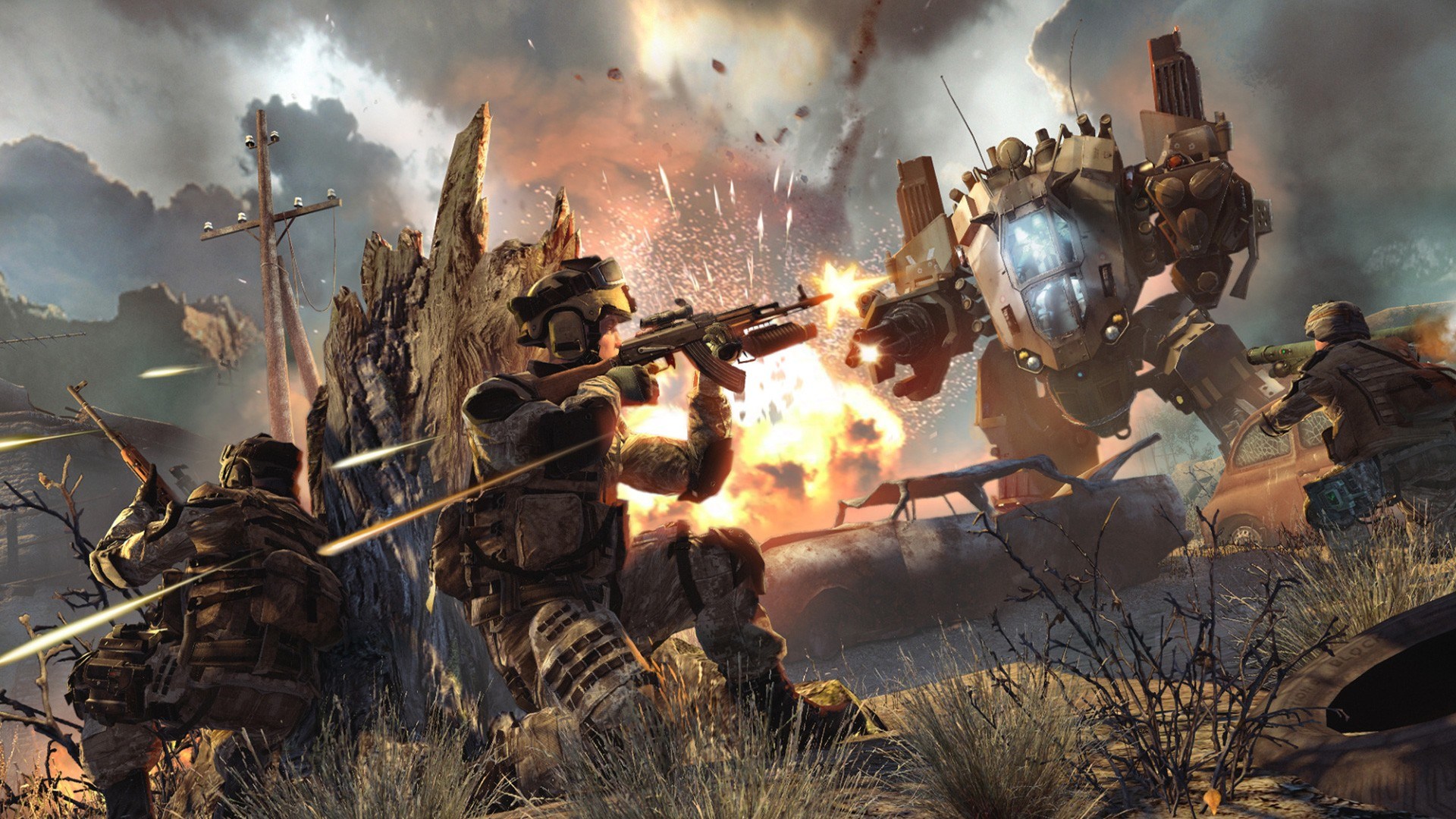 Warface soldiers fighting a mech HD Wallpaper
