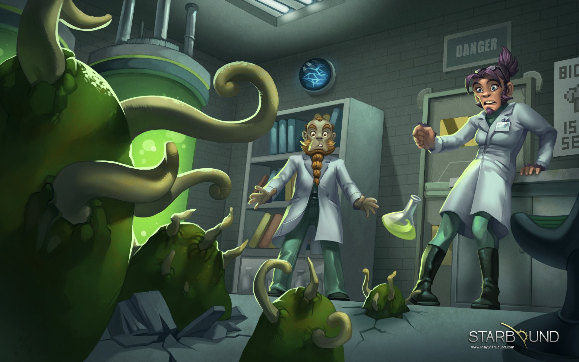Starbound scientists and alien creatures in a lab HD Wallpaper