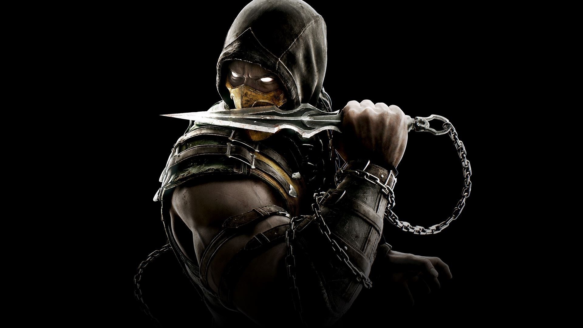 Scorpion from Mortal Kombat holding a chain weapon HD Wallpaper