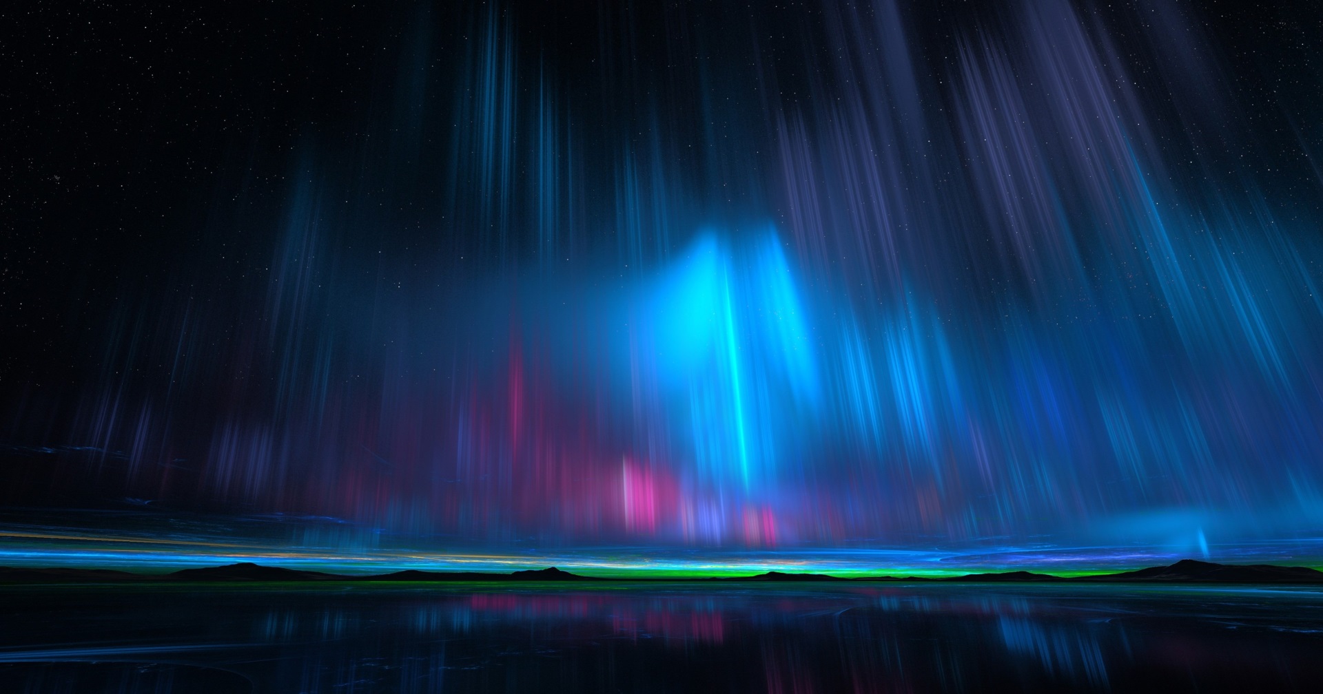 Vibrant Blue and Purple Northern Lights Over Landscape HD Wallpaper