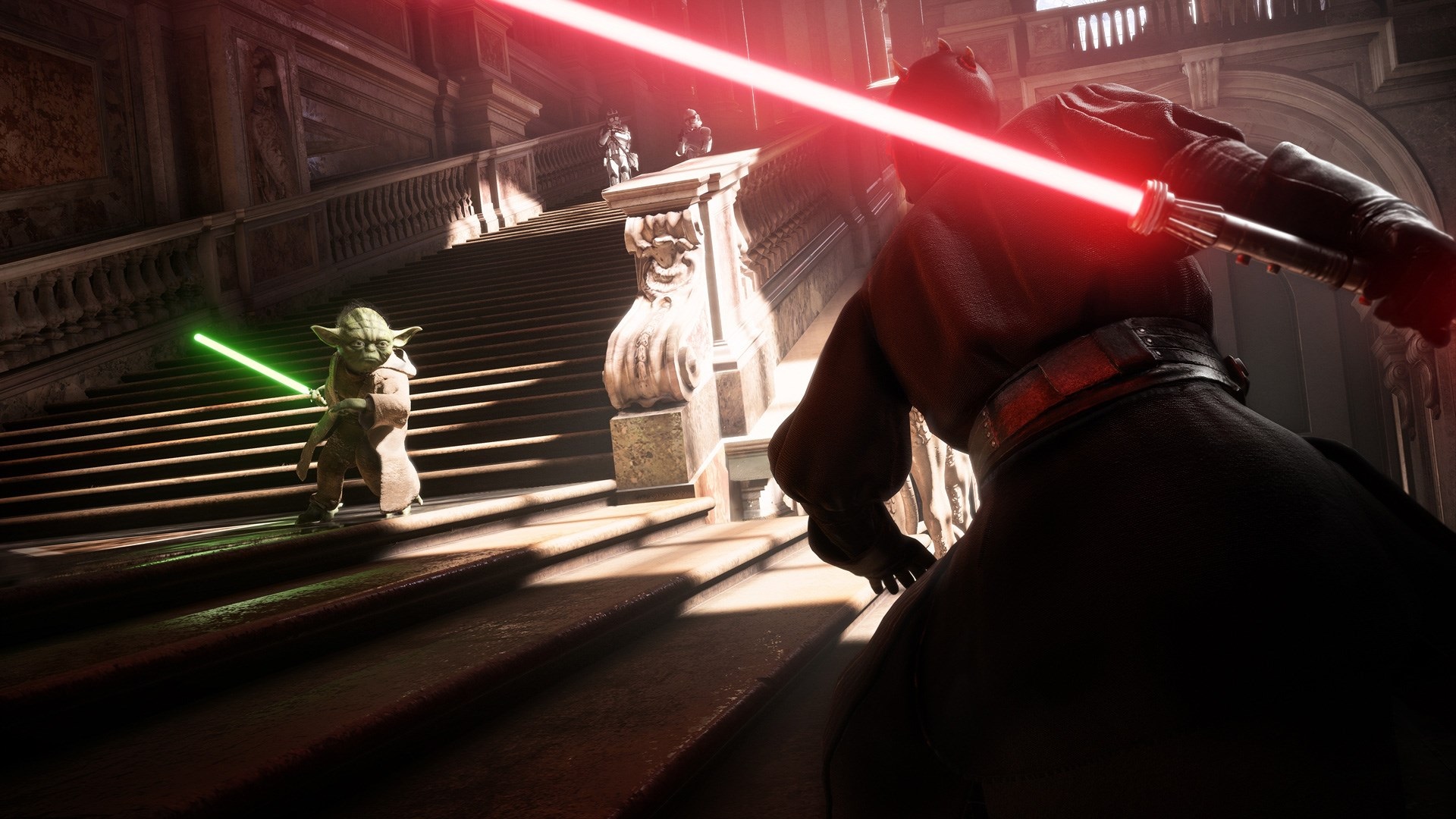 Yoda and Darth Maul duel on stairs in Star Wars Battlefront 2 HD Wallpaper